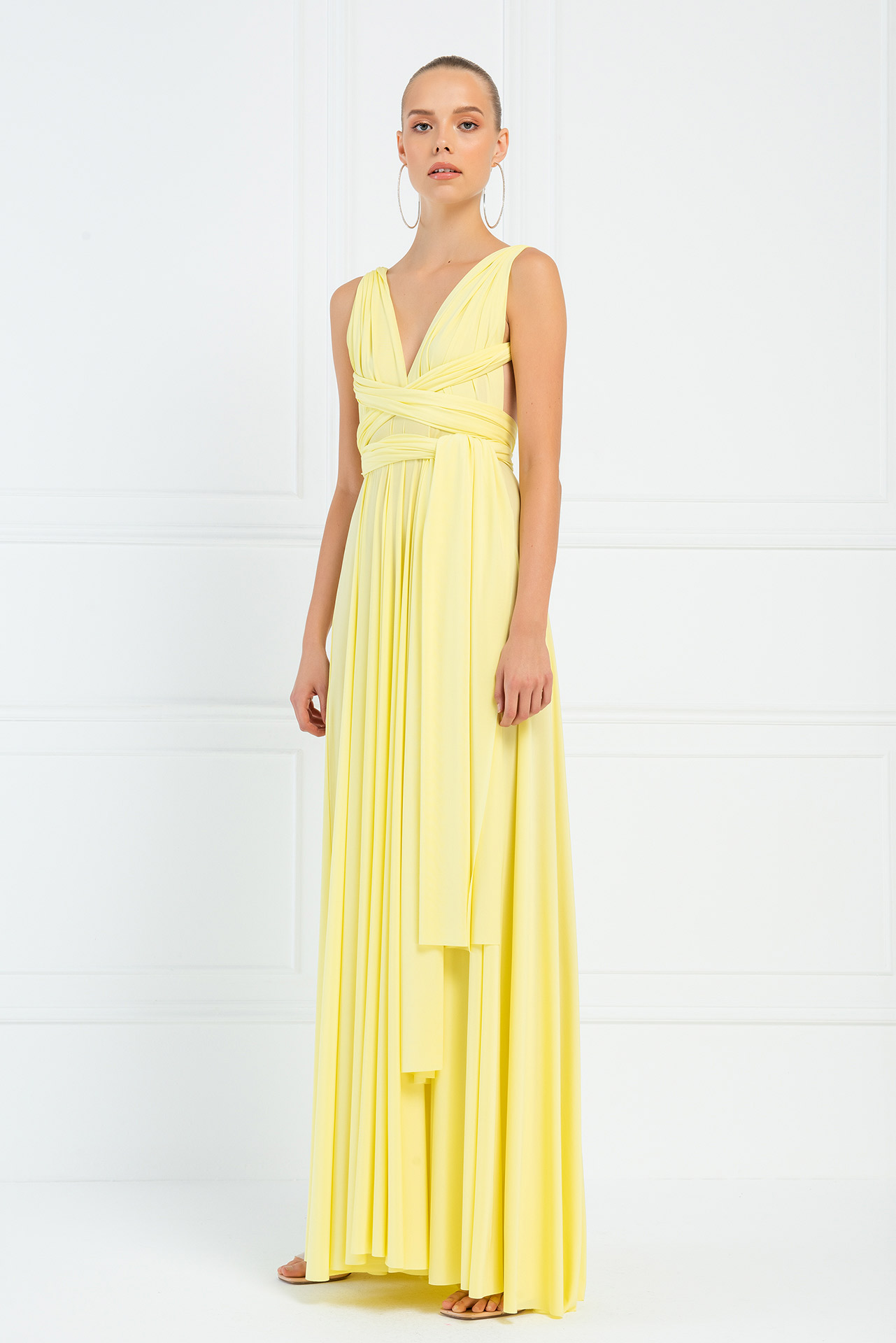 V Neck Sleeveless Yellow Pleated Long Dress