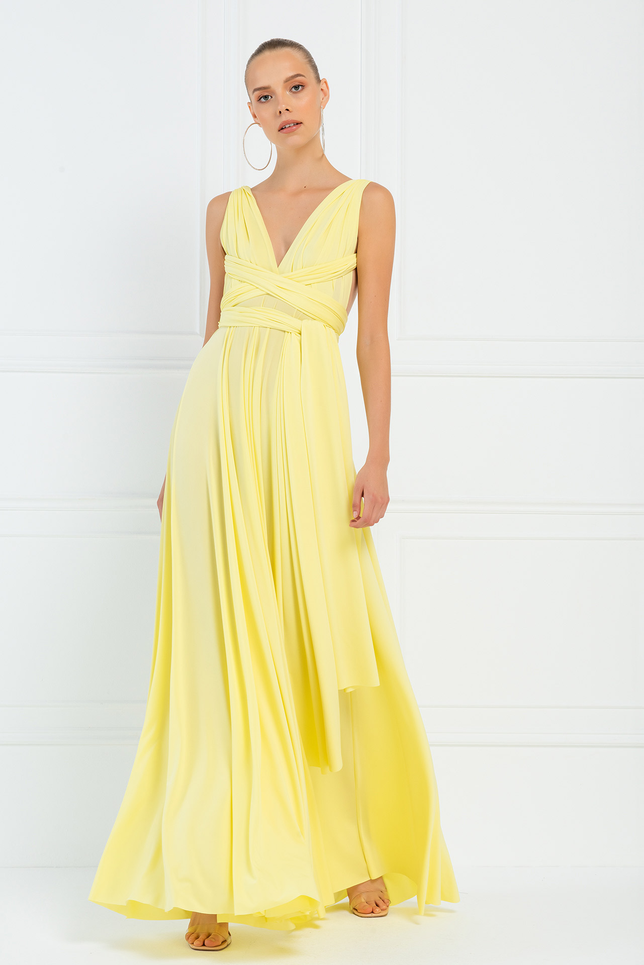 V Neck Sleeveless Yellow Pleated Long Dress