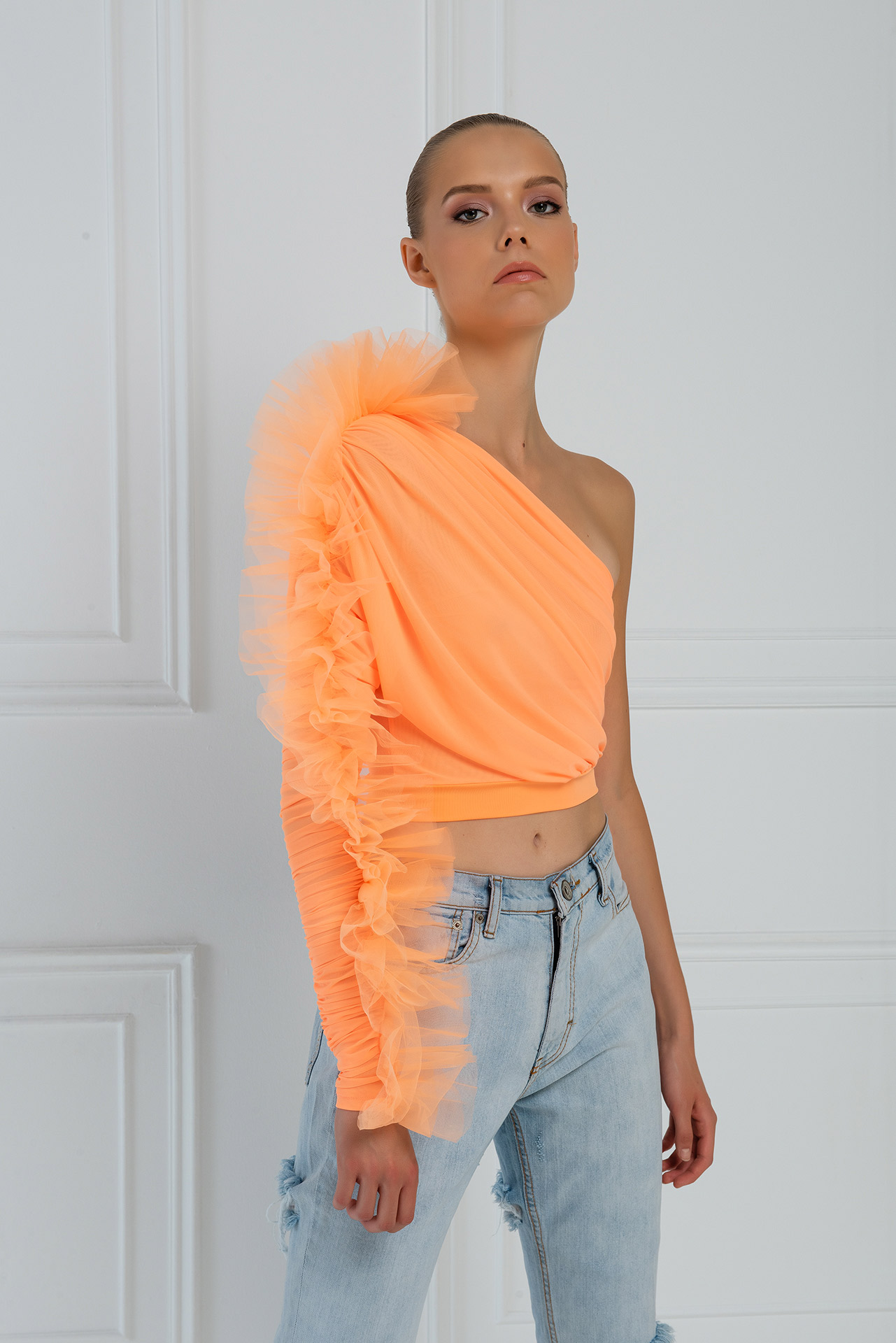 Neon Orange Tek Kollu Fırfırlı Bluz