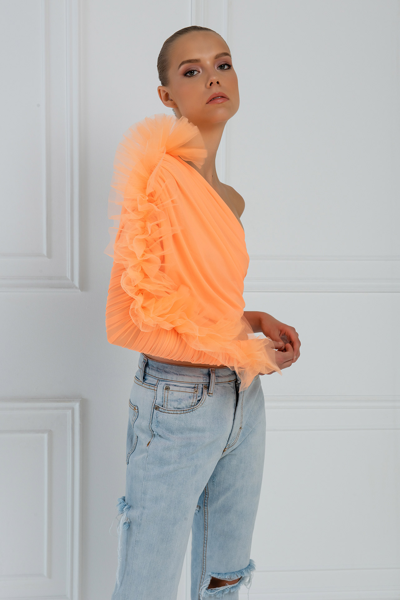 Neon Orange Ruffle-Trim One-Shoulder Top