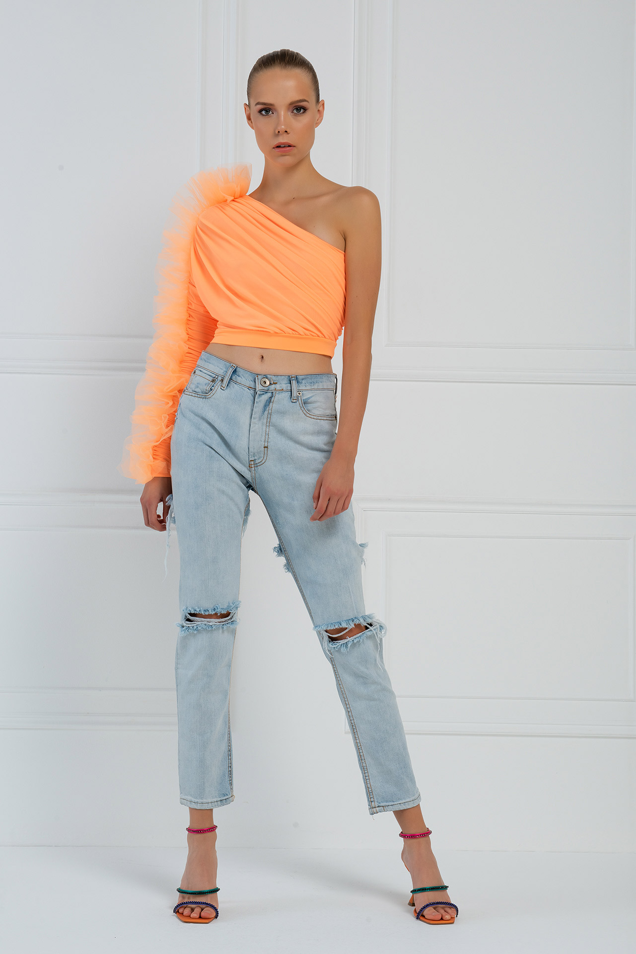 Toptan Neon Orange Tek Kollu Fırfırlı Bluz