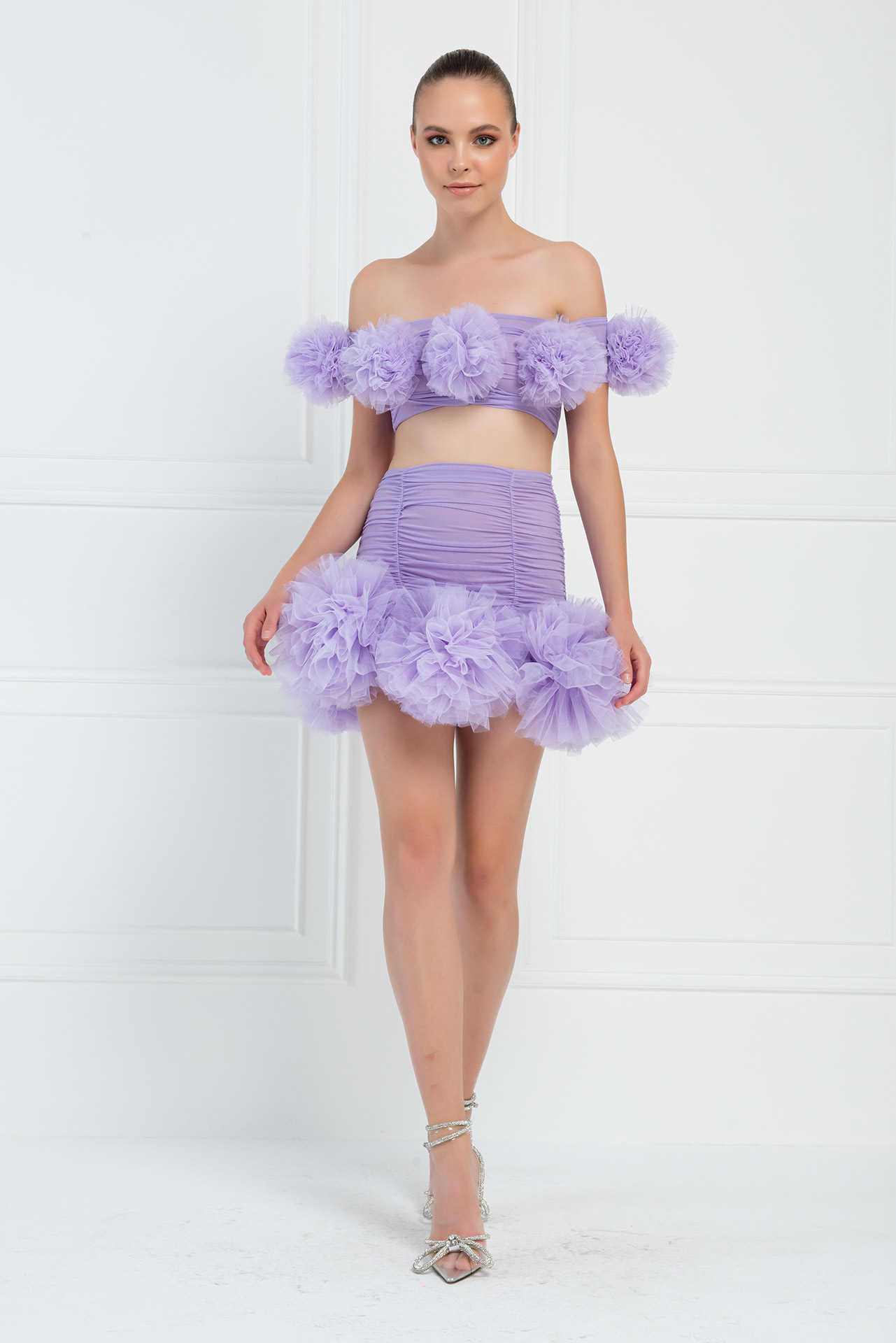 Wholesale New Lilac Ruffle Mesh Crop Top & Mini Skirt Set