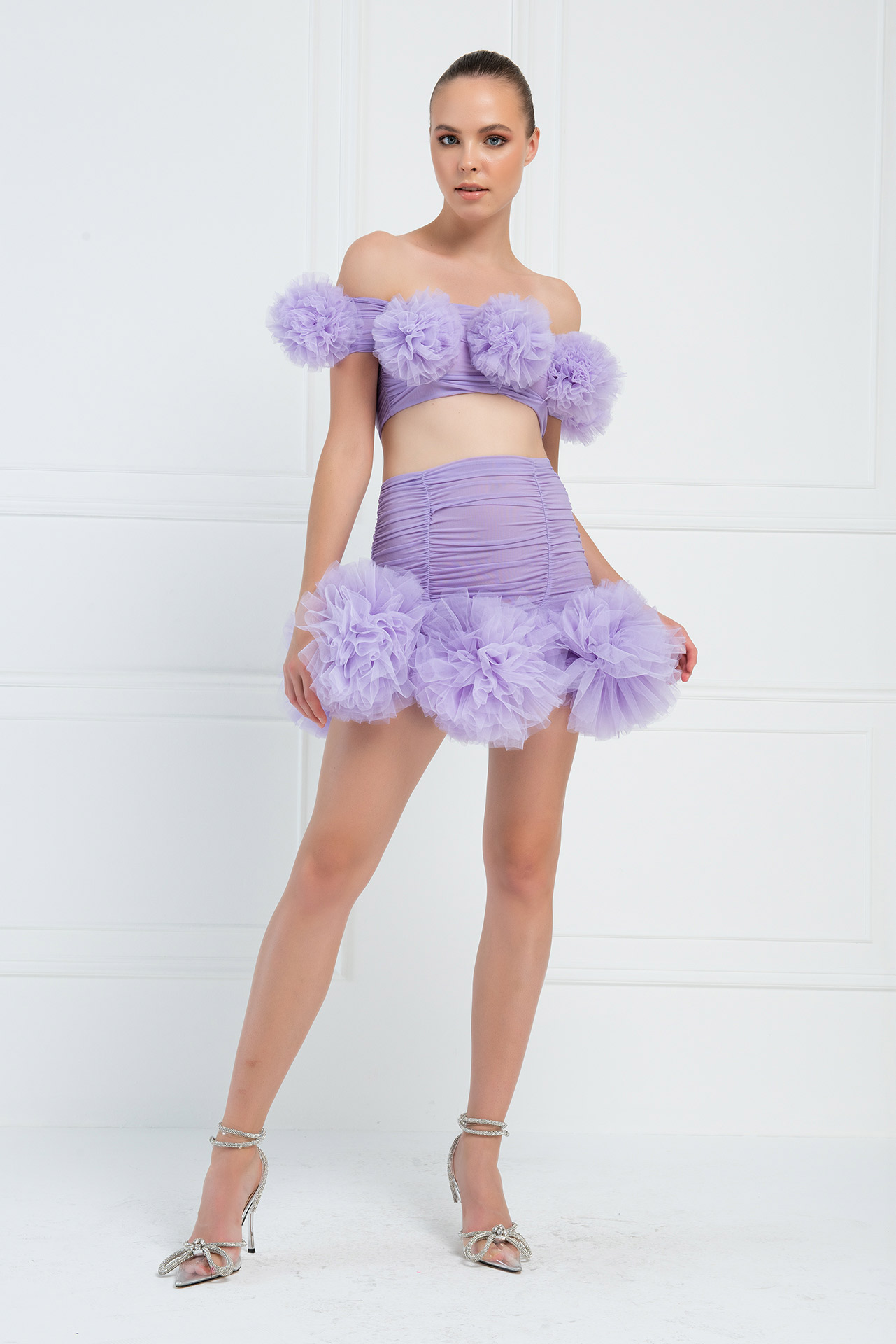 New Lilac Ruffle Mesh Crop Top & Mini Skirt Set
