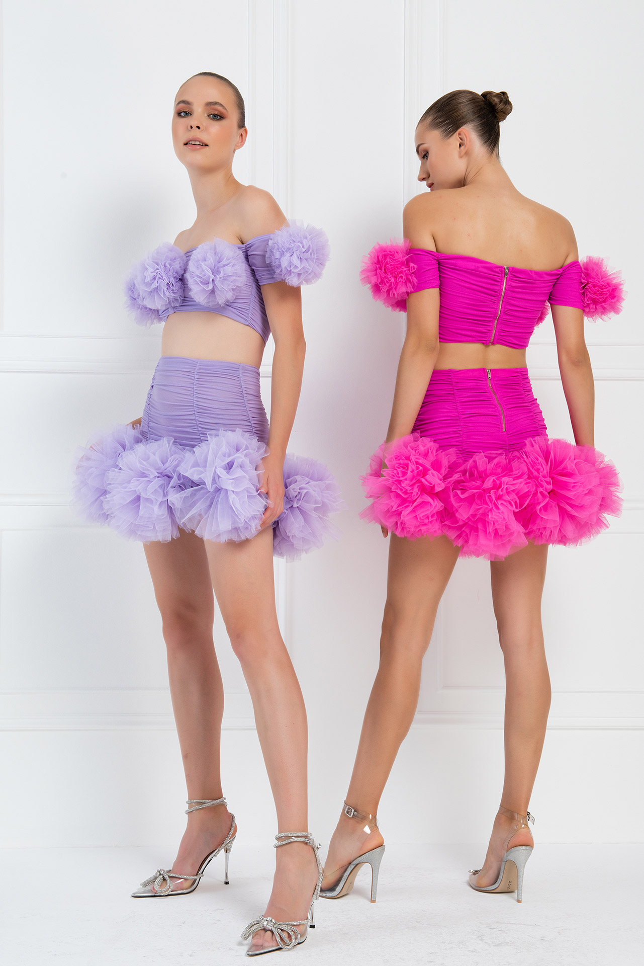 New Fuschia Ruffle Mesh Crop Top & Mini Skirt Set