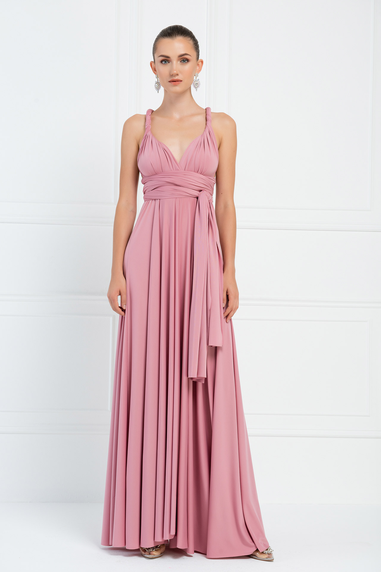 Wholesale V Neck Sleeveless Light Rose Pleated Long Dress