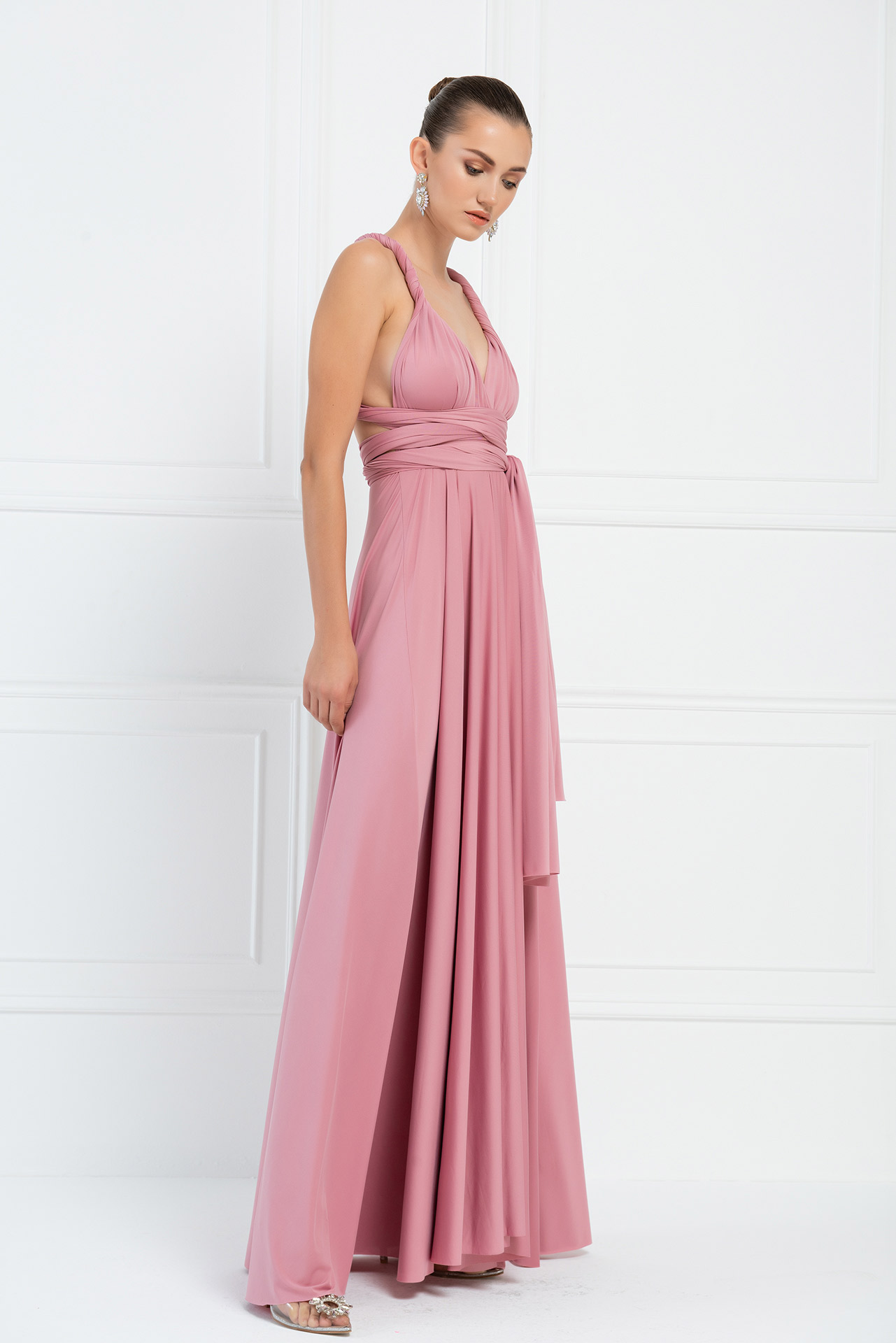 Wholesale V Neck Sleeveless Light Rose Pleated Long Dress