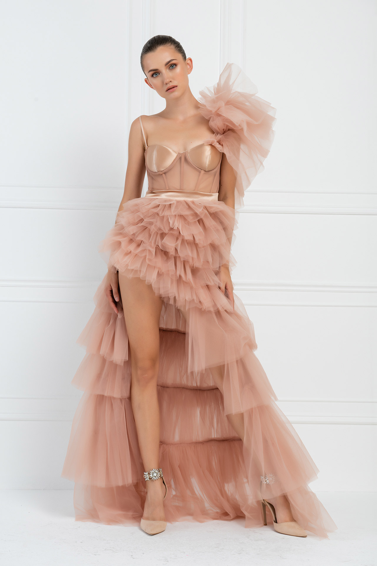 Caramel Frill High-Low Tulle Dress