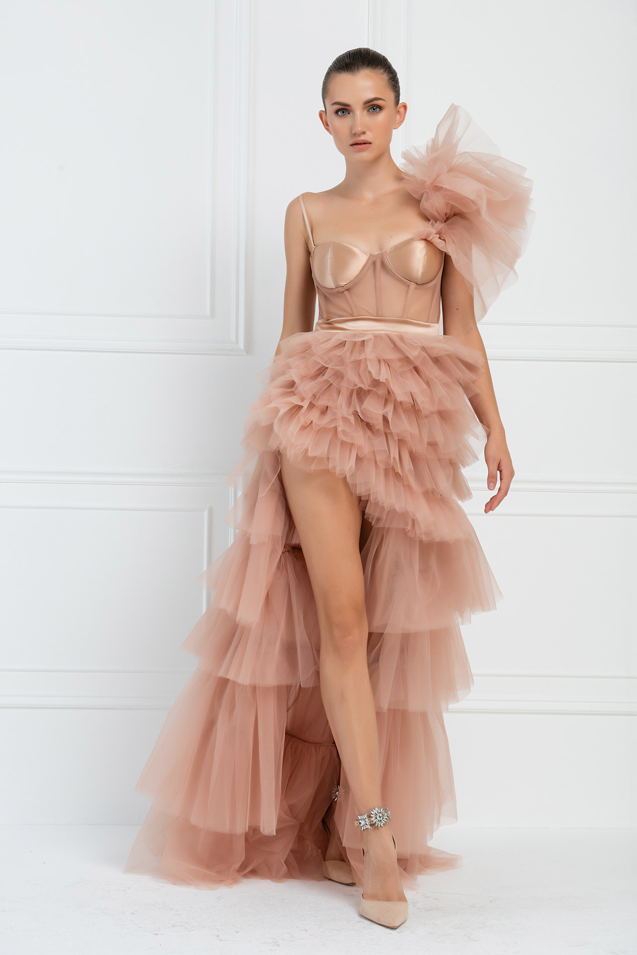 Wholesale Caramel Frill High-Low Tulle Dress