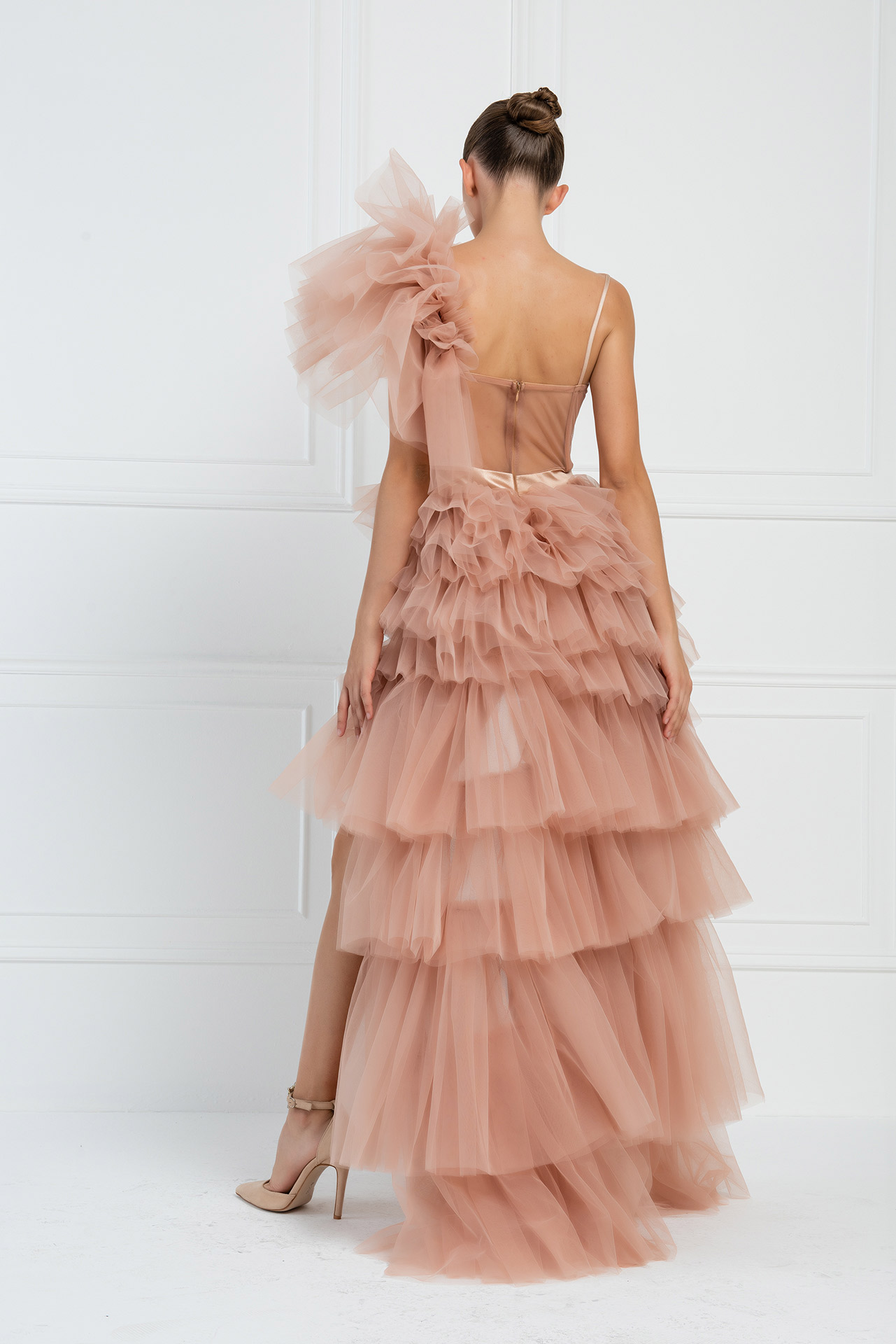 Wholesale Caramel Frill High-Low Tulle Dress