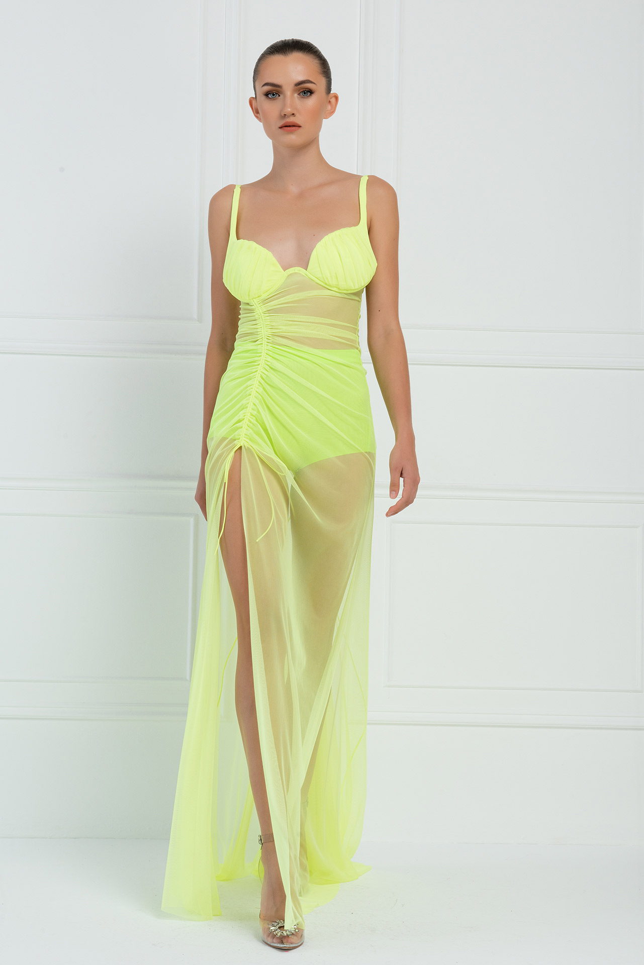 Sheer Neon Yellow Split-Leg Maxi Dress