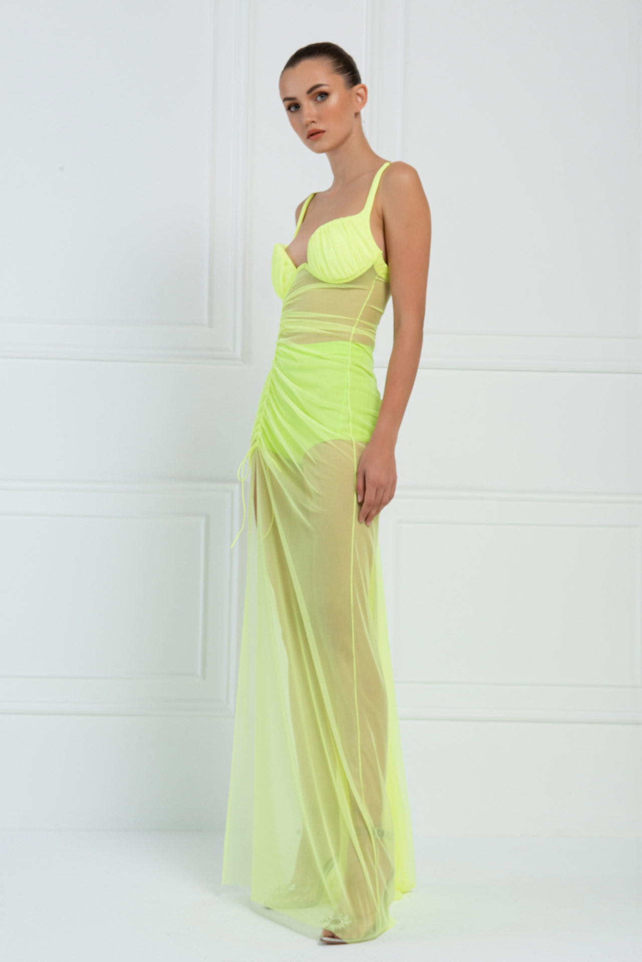 Sheer Neon Yellow Split-Leg Maxi Dress