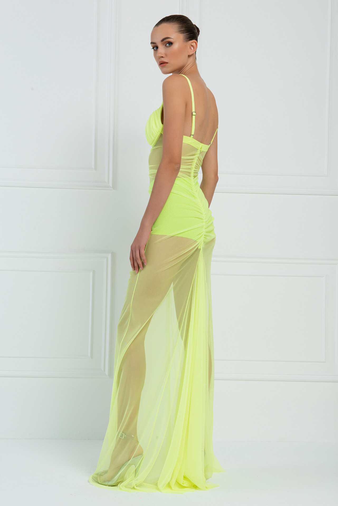 Sheer Neon Yellow Split-Leg Maxi Dress