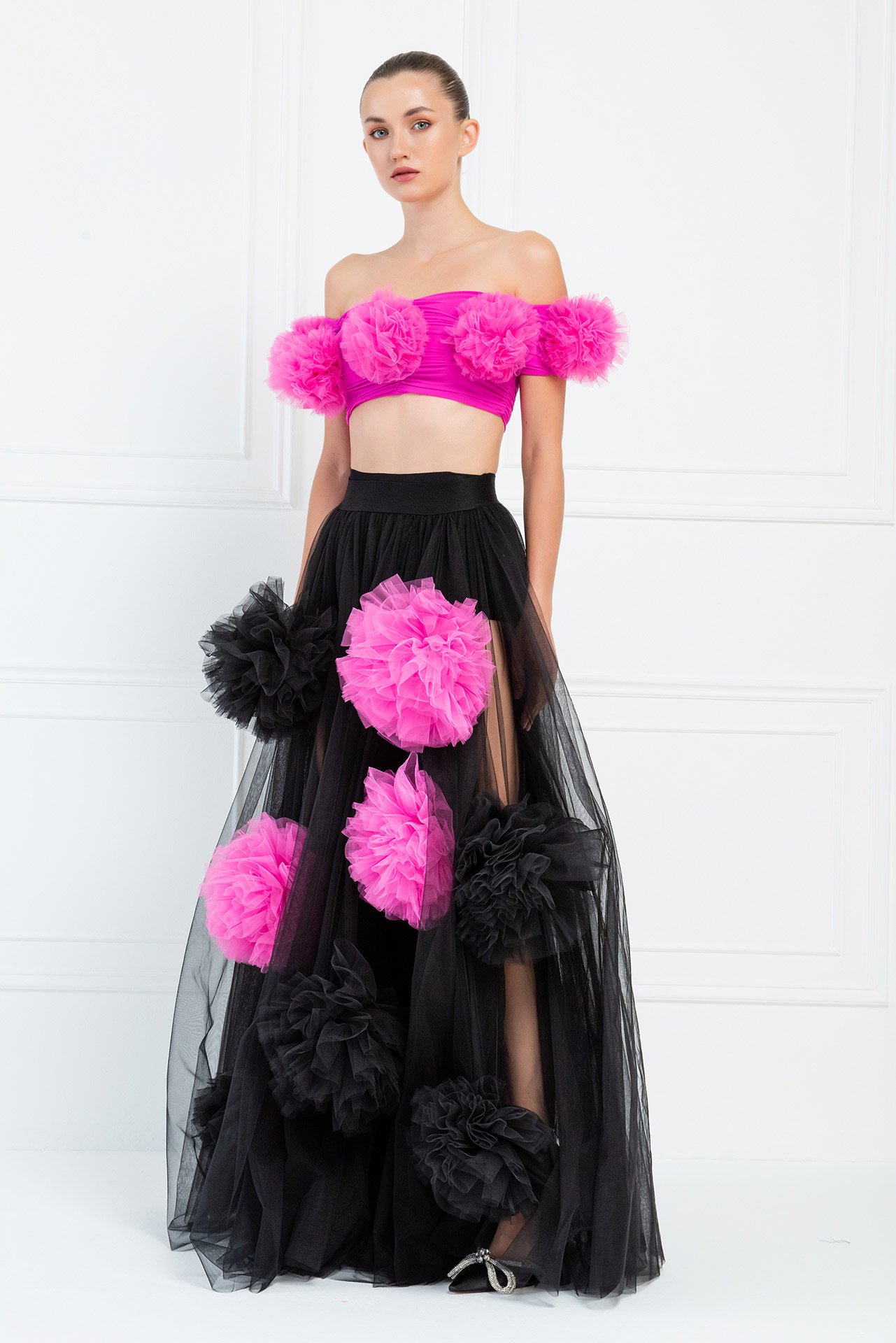 Wholesale Black-Fuchsia Ruffle Mesh Maxi Skirt