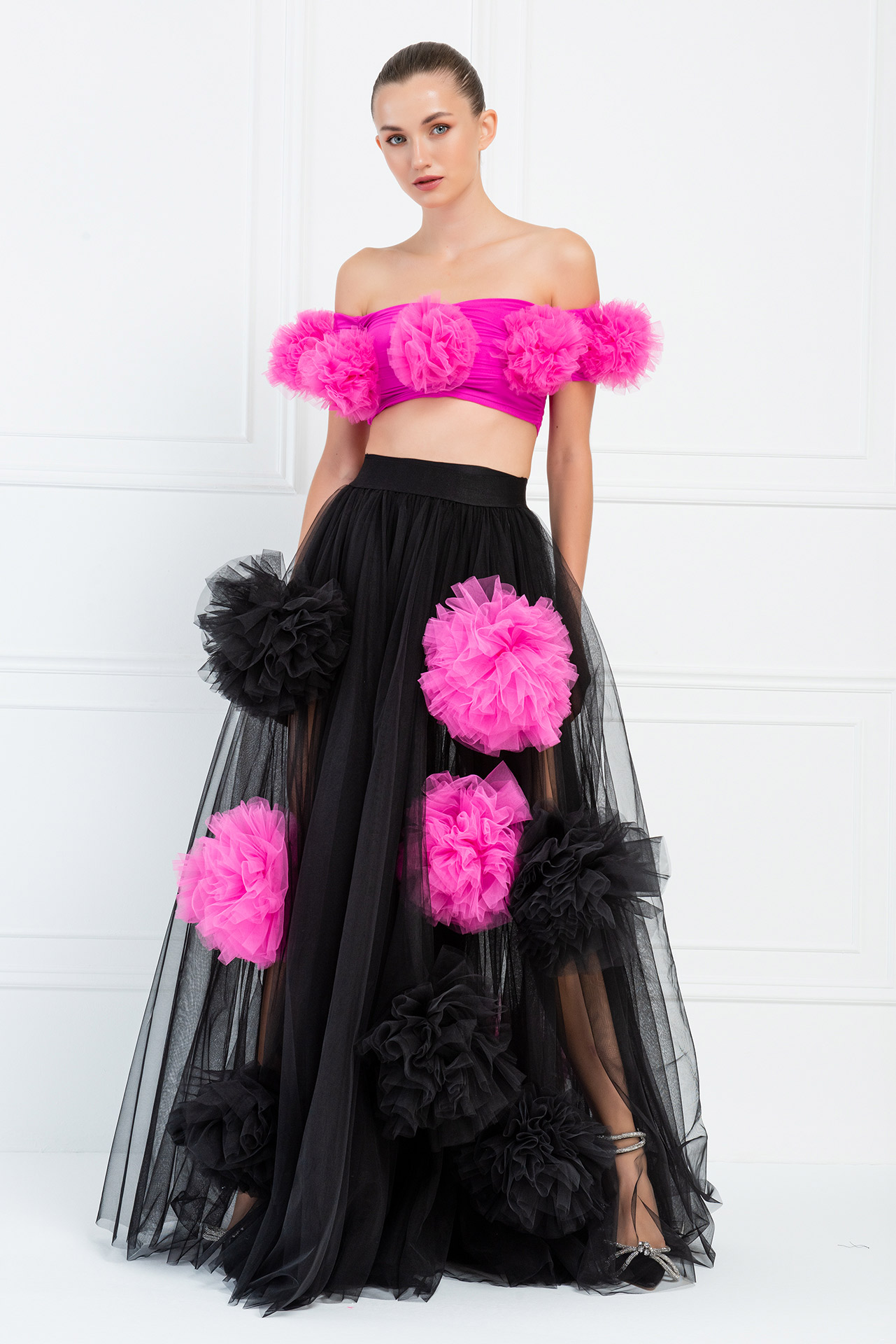Wholesale Black-Fuchsia Ruffle Mesh Maxi Skirt