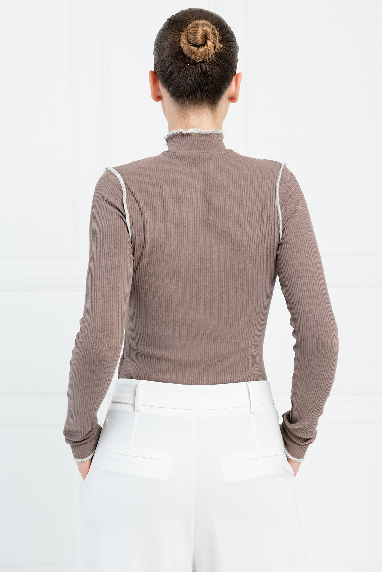 Mink Contrast-Piping Mock Neck Top