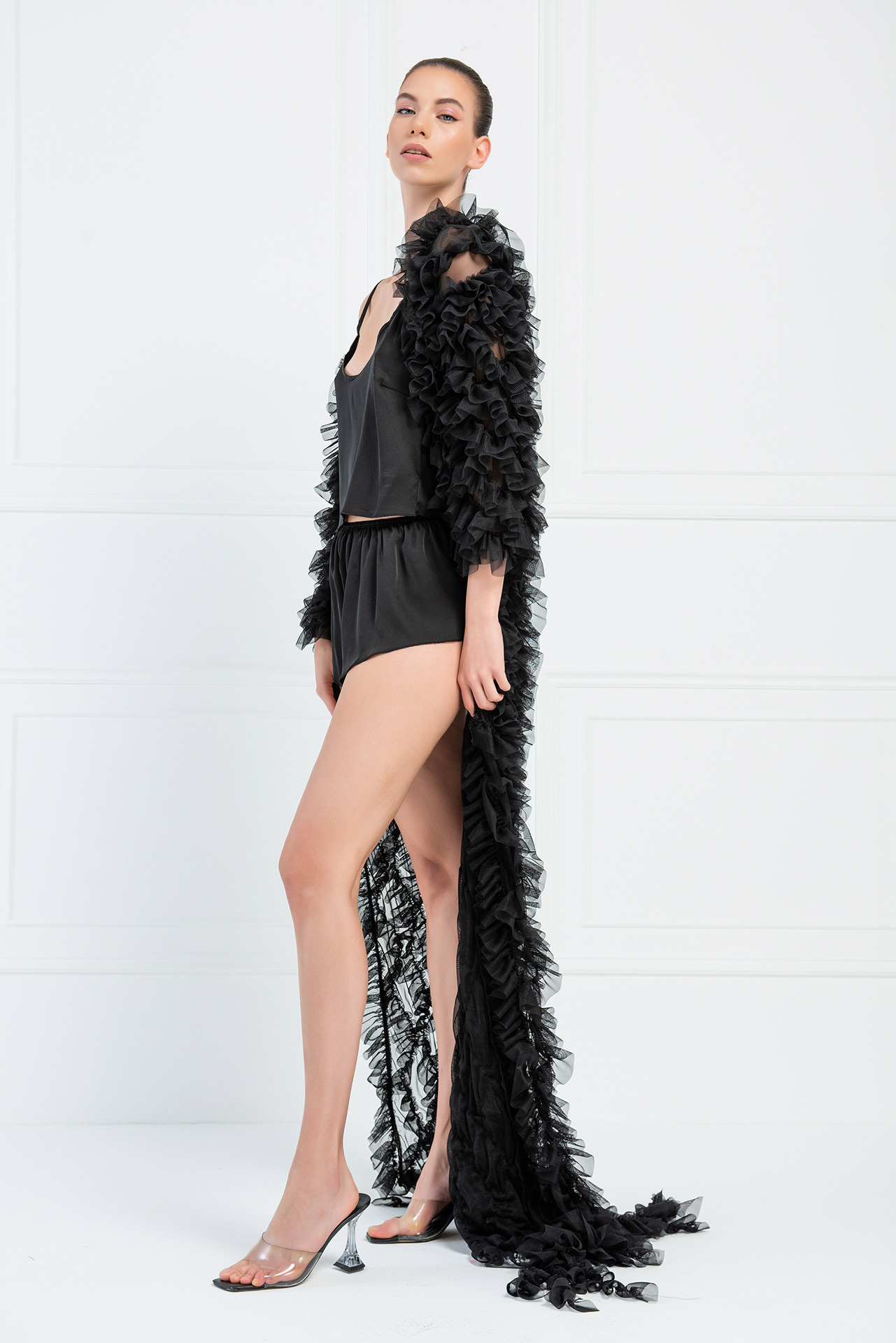 Ruffled Black Tulle Cardigan