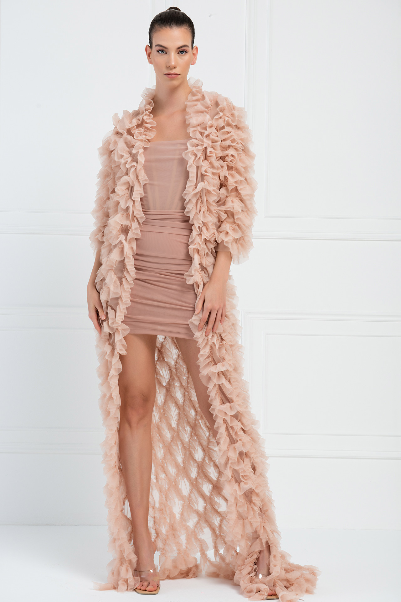 Ruffled Nude Tulle Cardigan