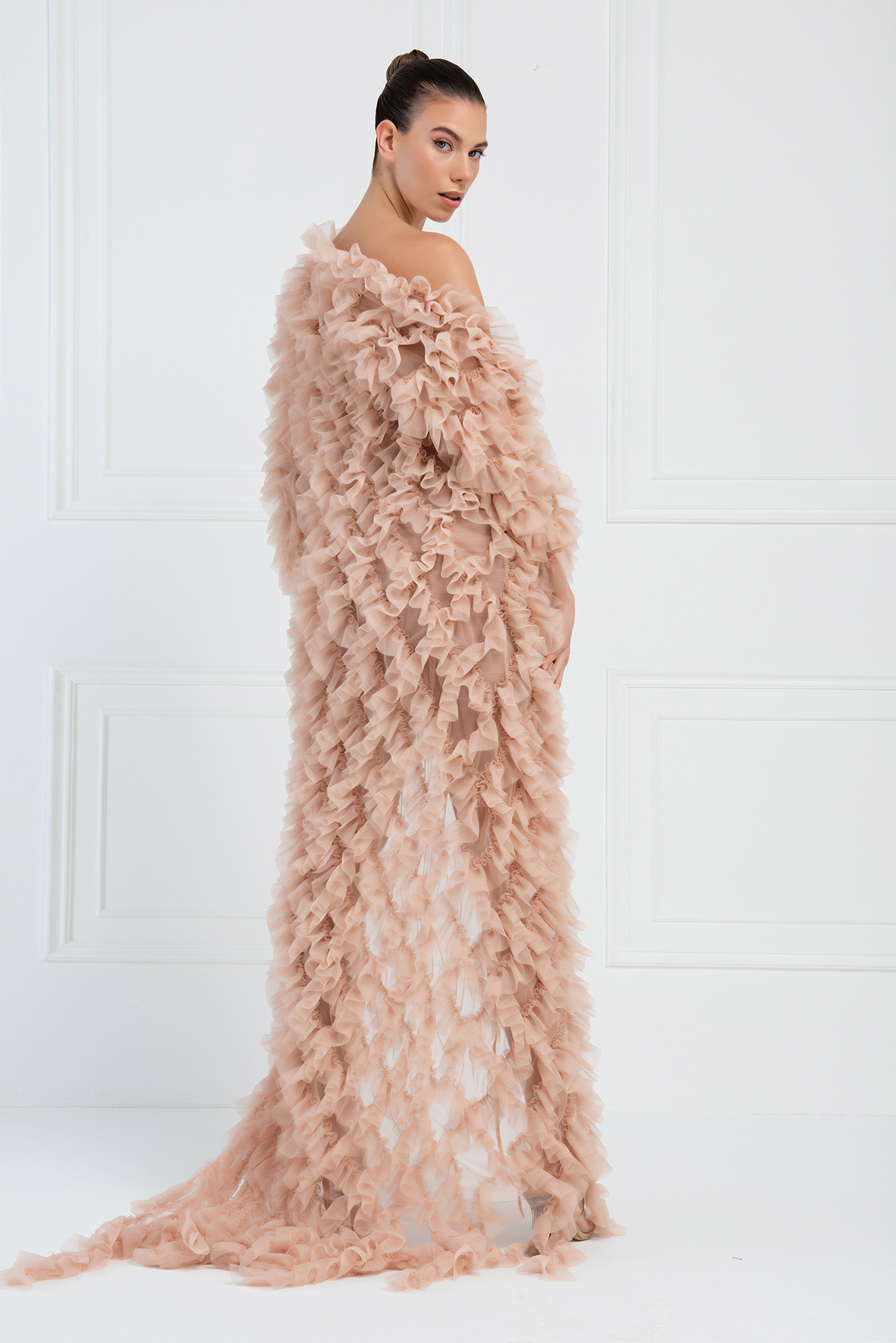 Ruffled Nude Tulle Cardigan