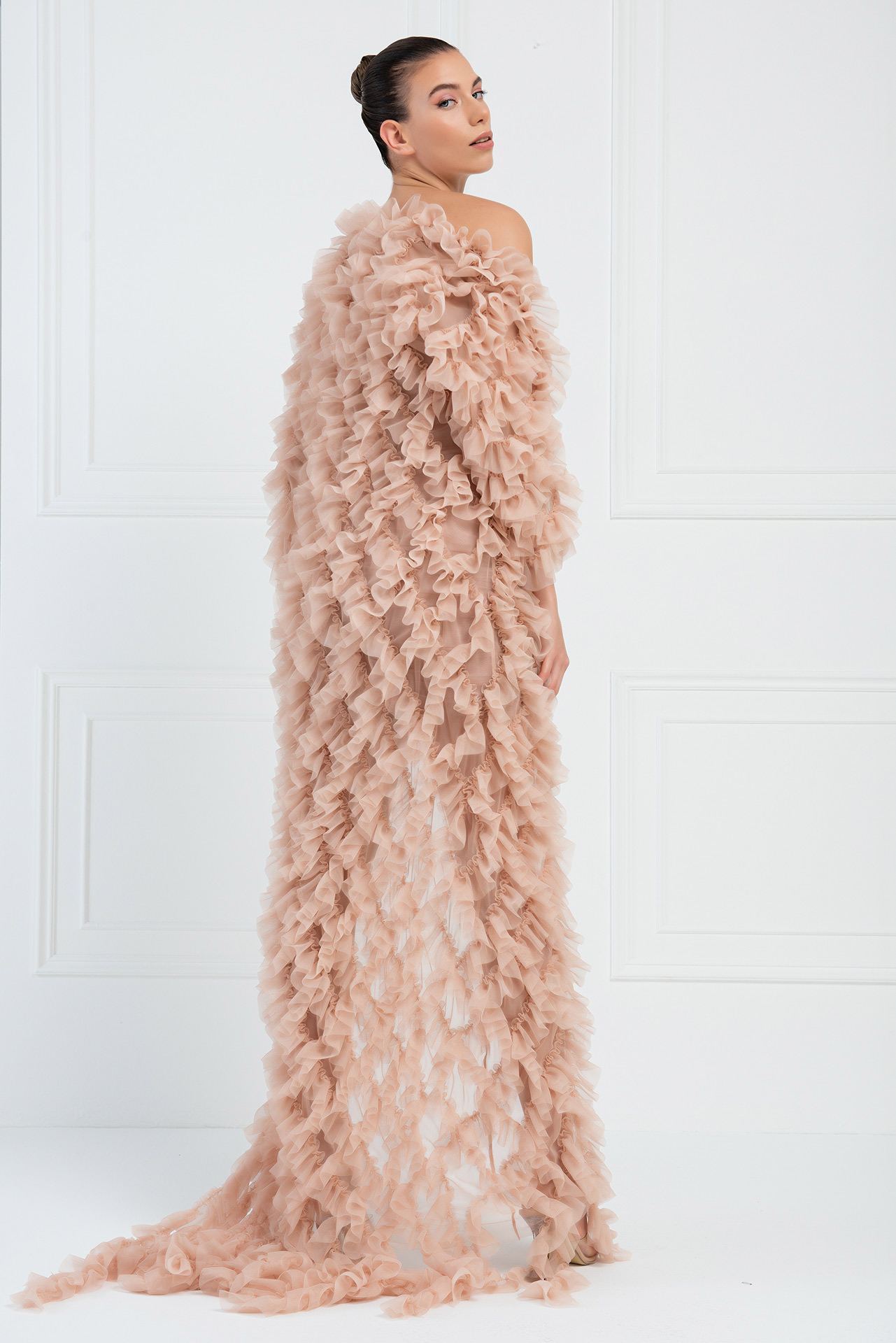 Ruffled Nude Tulle Cardigan