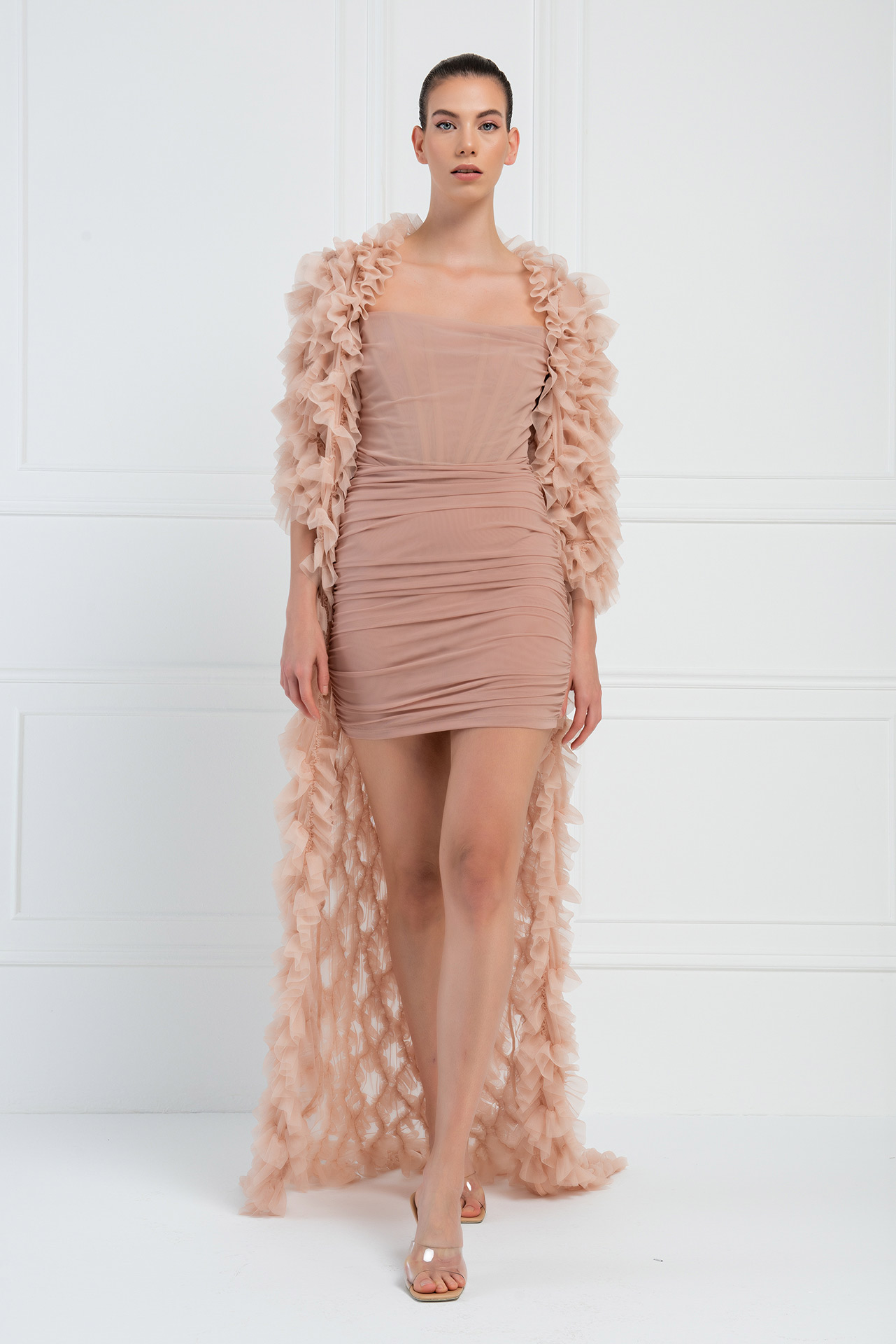 Ruffled Nude Tulle Cardigan