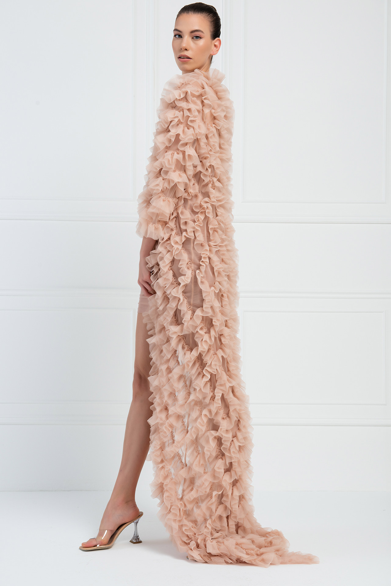 Ruffled Nude Tulle Cardigan