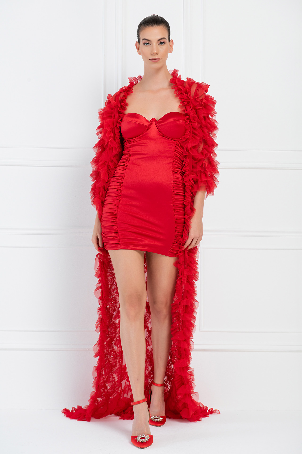 Red Ruched Satin Cami Mini Dress