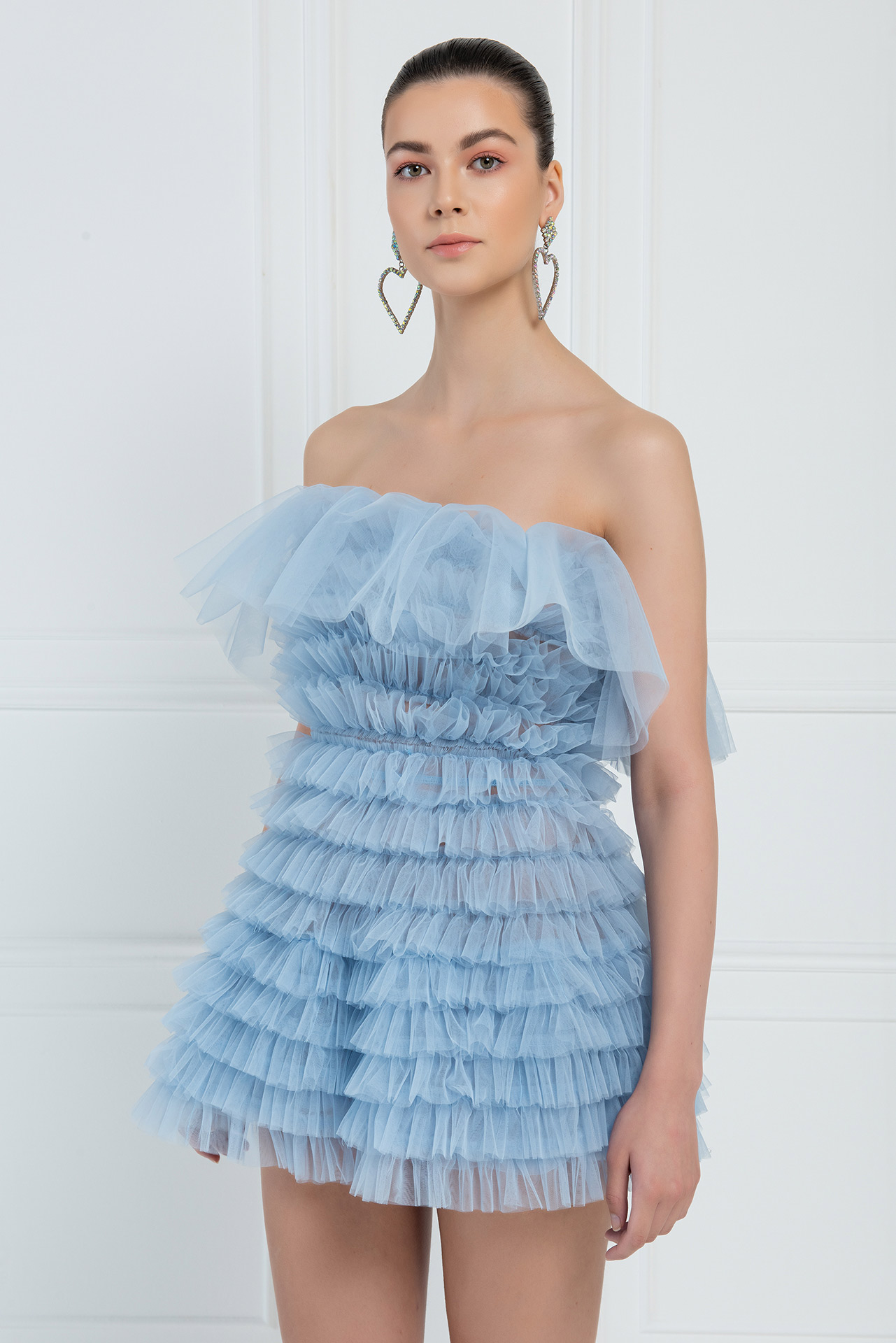 Ice Blue Frill Tube Mini Dress