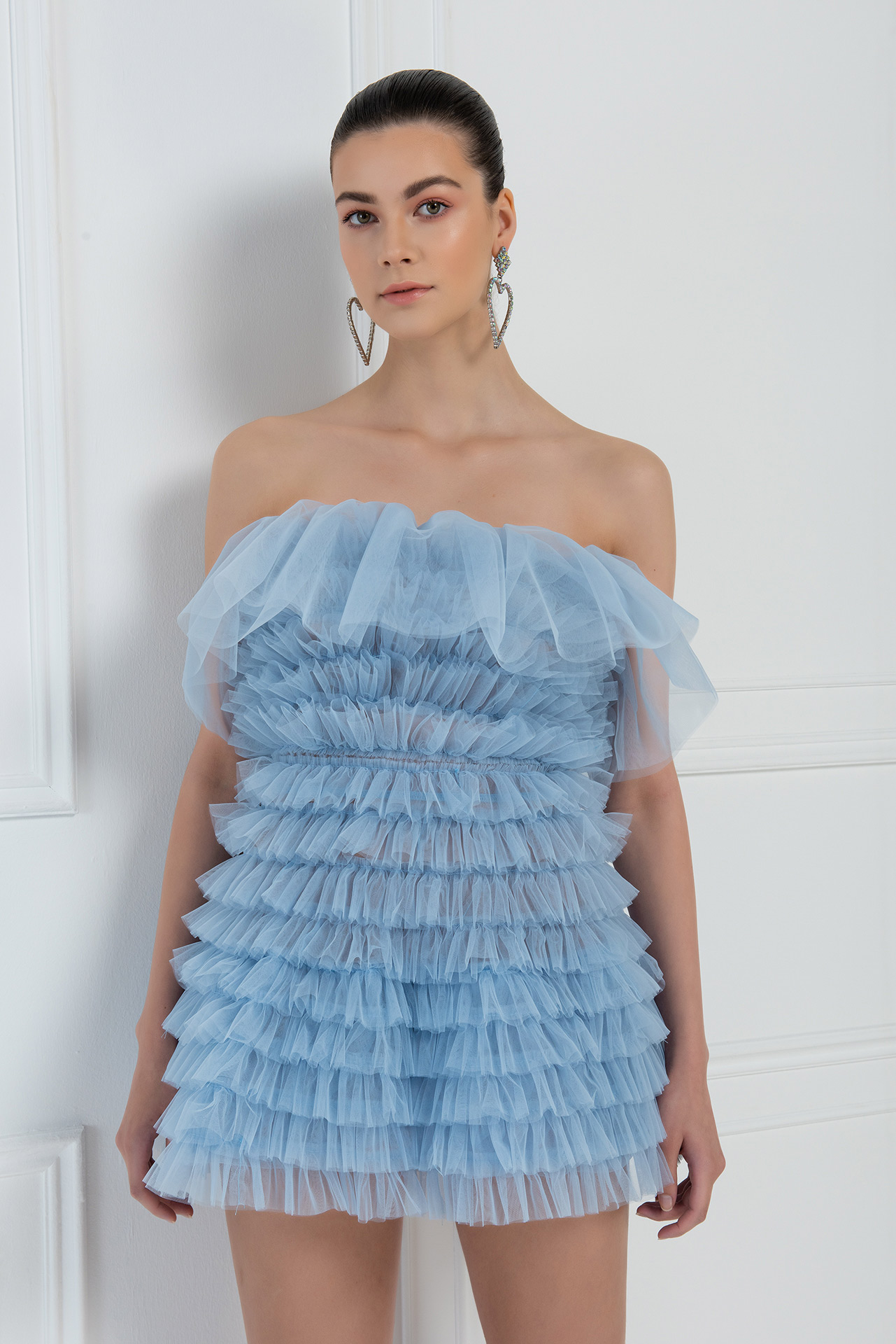 Ice Blue Frill Tube Mini Dress