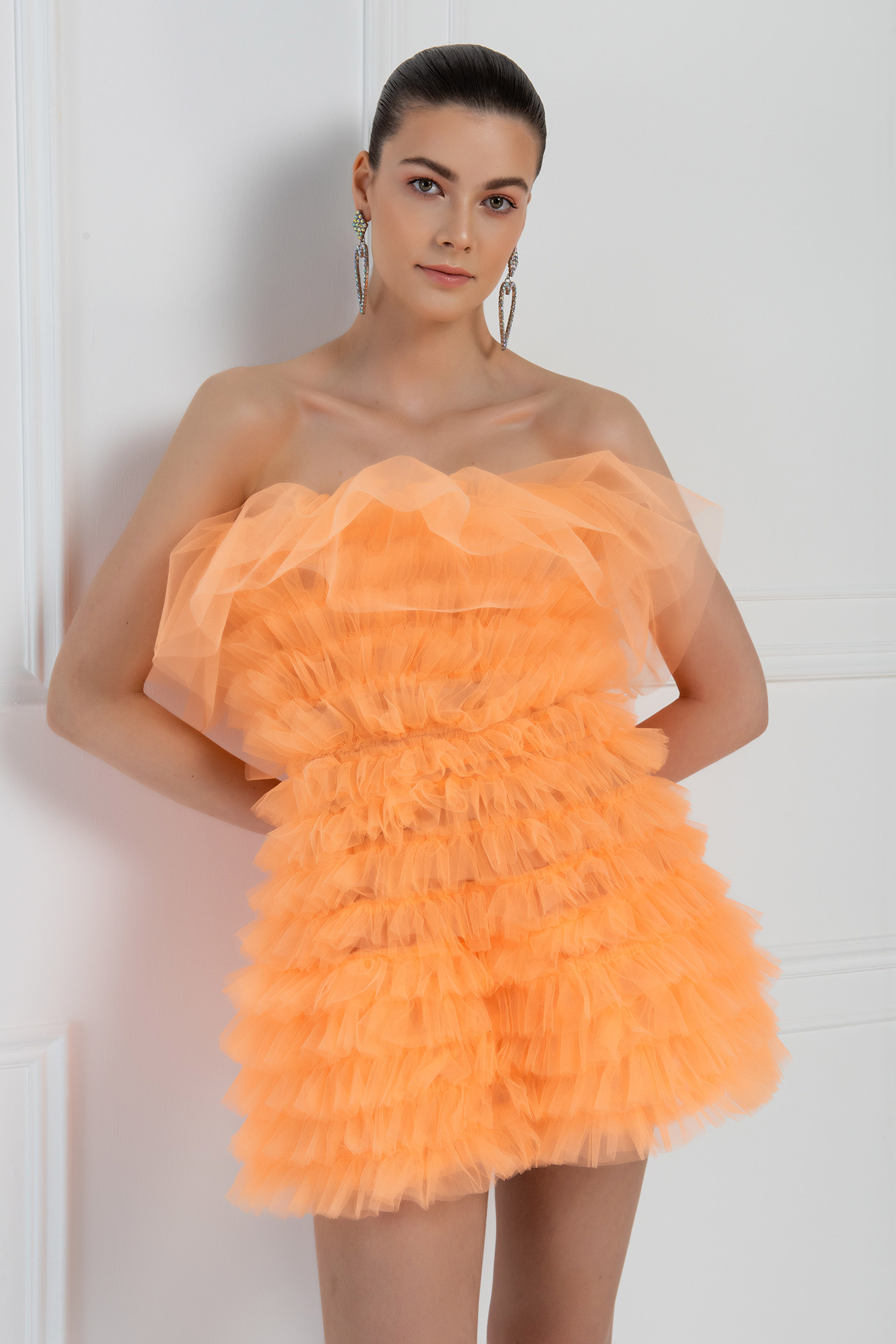 Neon Orange Frill Tube Mini Dress