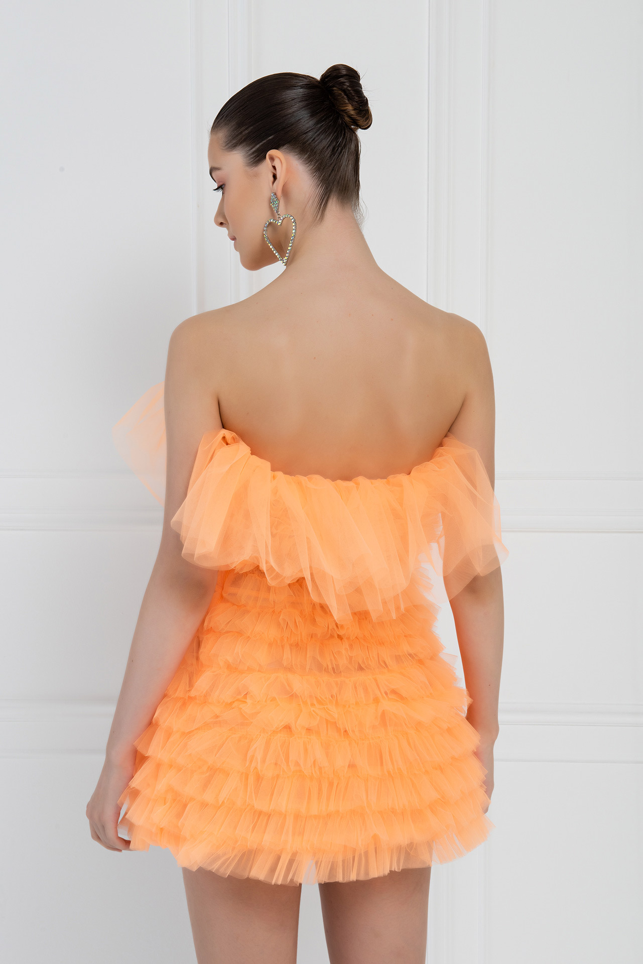 Toptan Neon Orange Fırfırlı Mini Tül Elbise