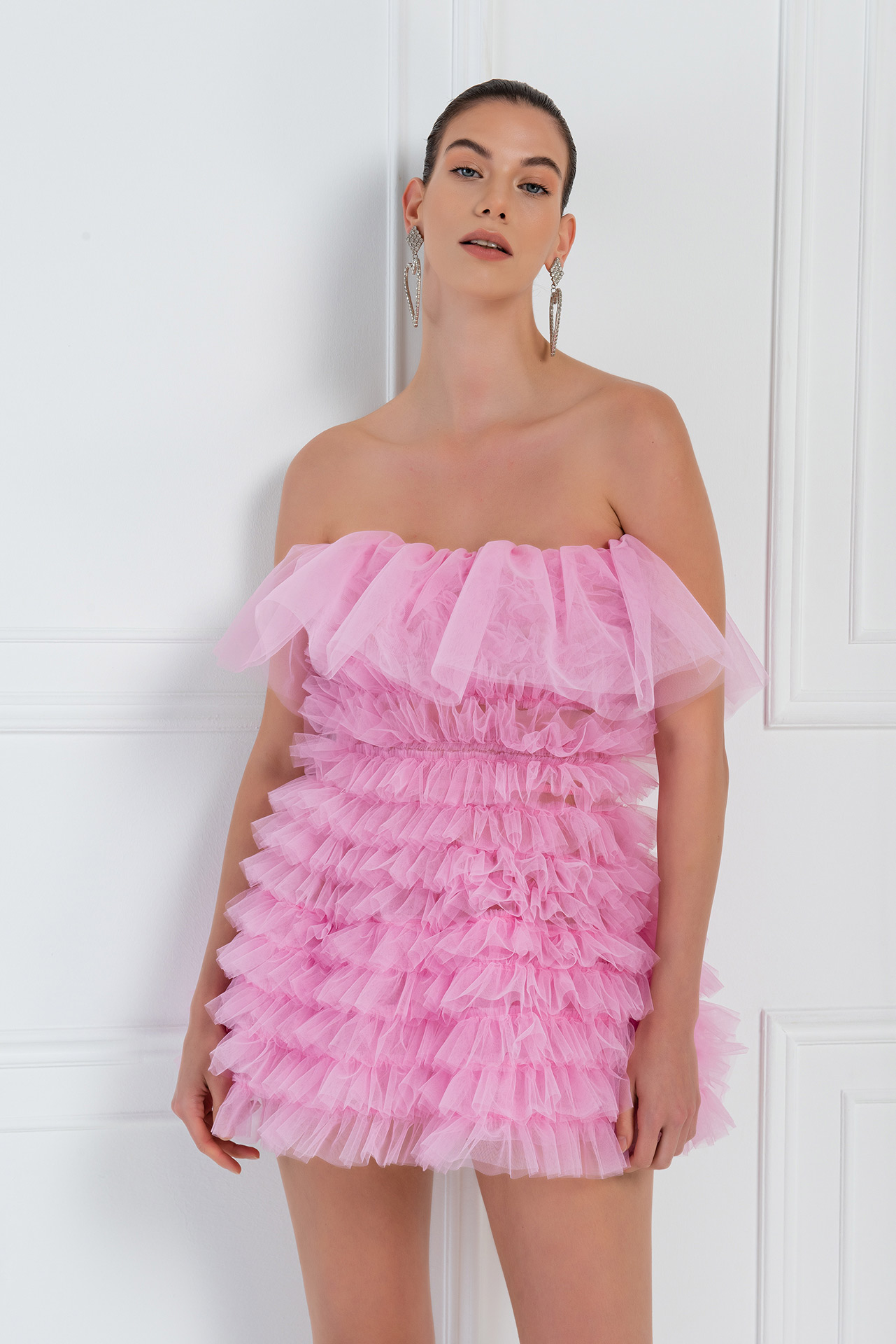 Wholesale New Pink Frill Tube Mini Dress