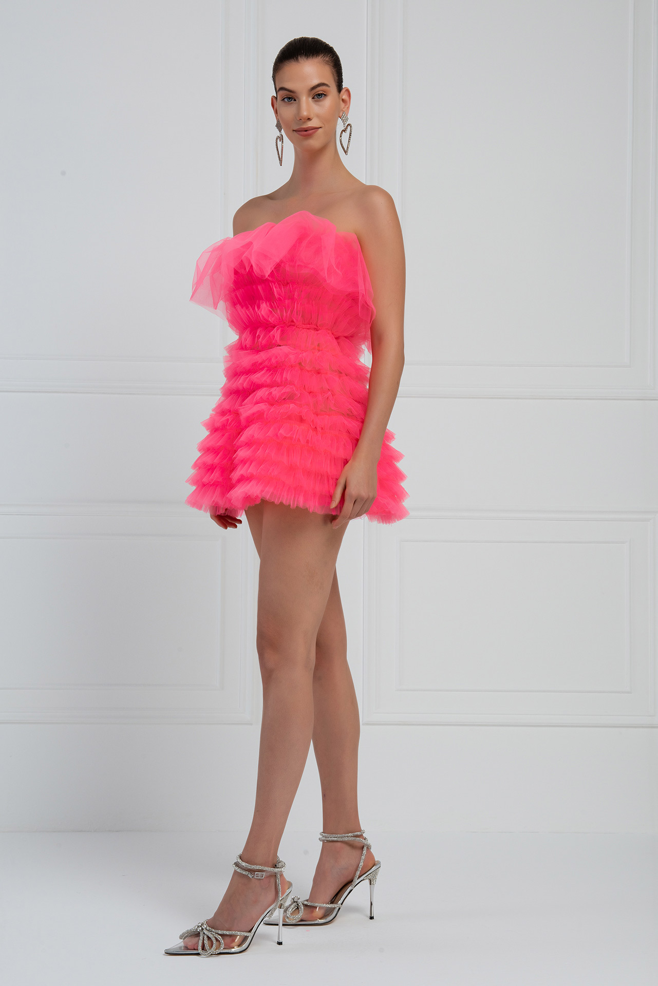Wholesale Neon Pink Frill Tube Mini Dress