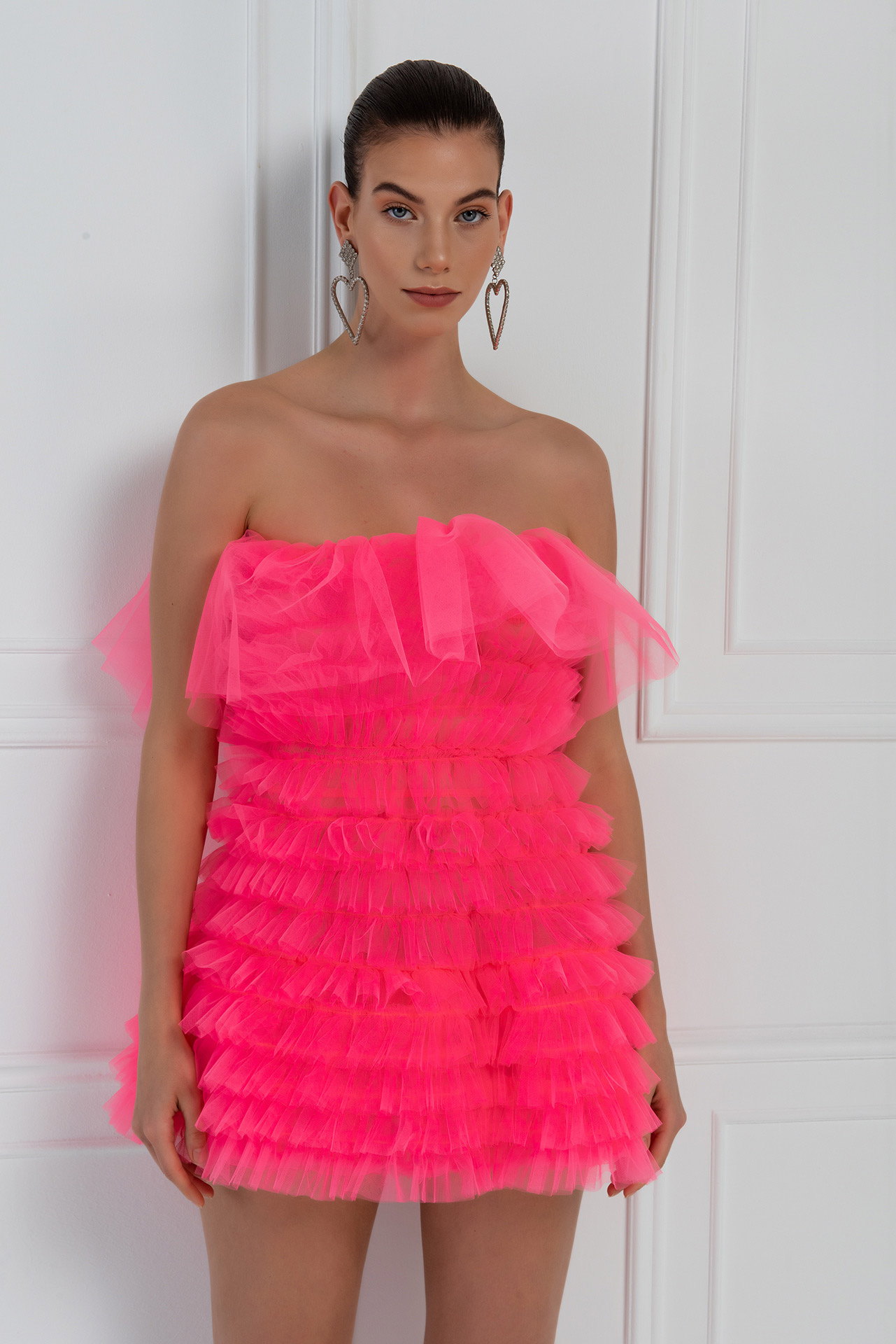 Neon Pink Frill Tube Mini Dress