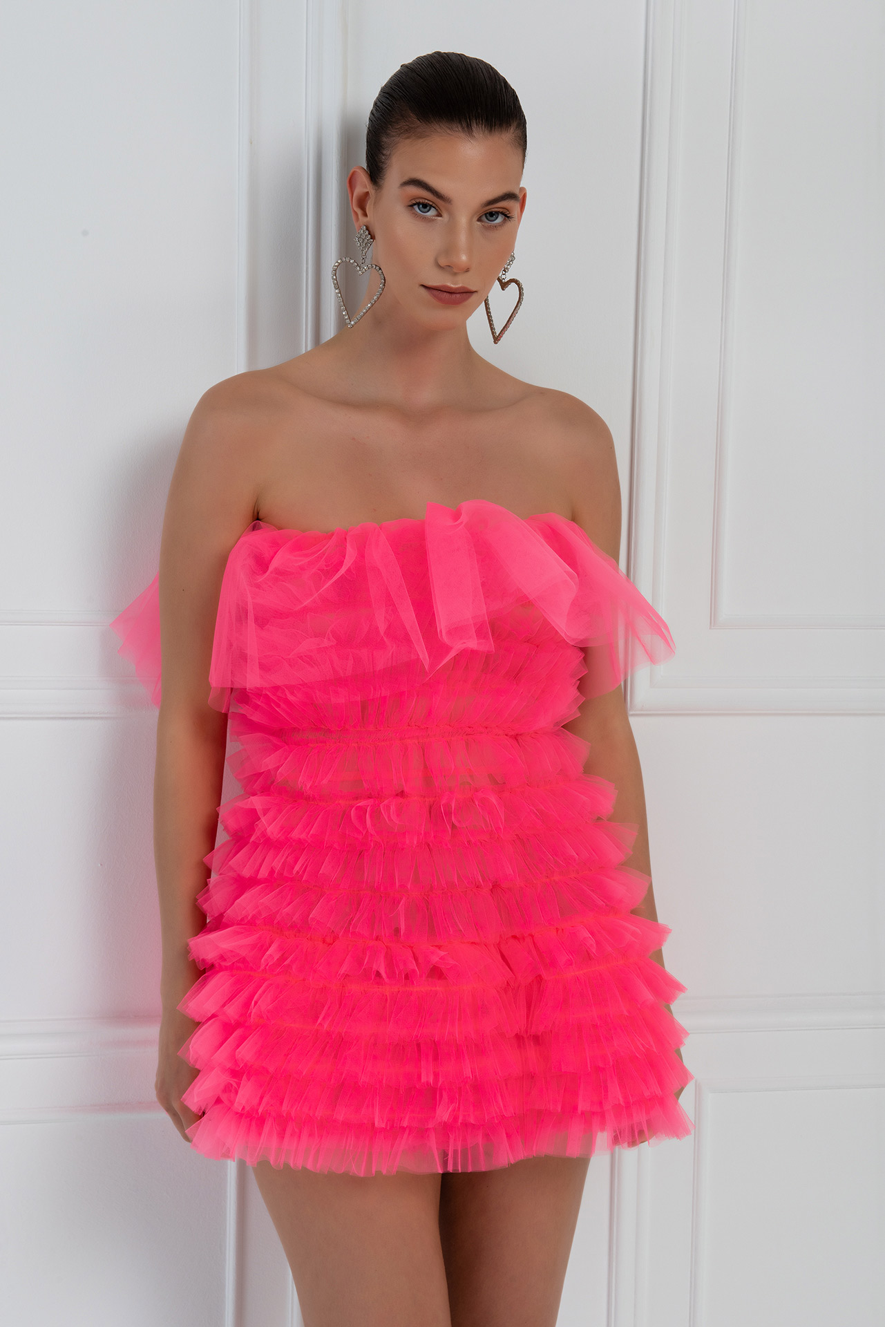 Neon Pink Frill Tube Mini Dress
