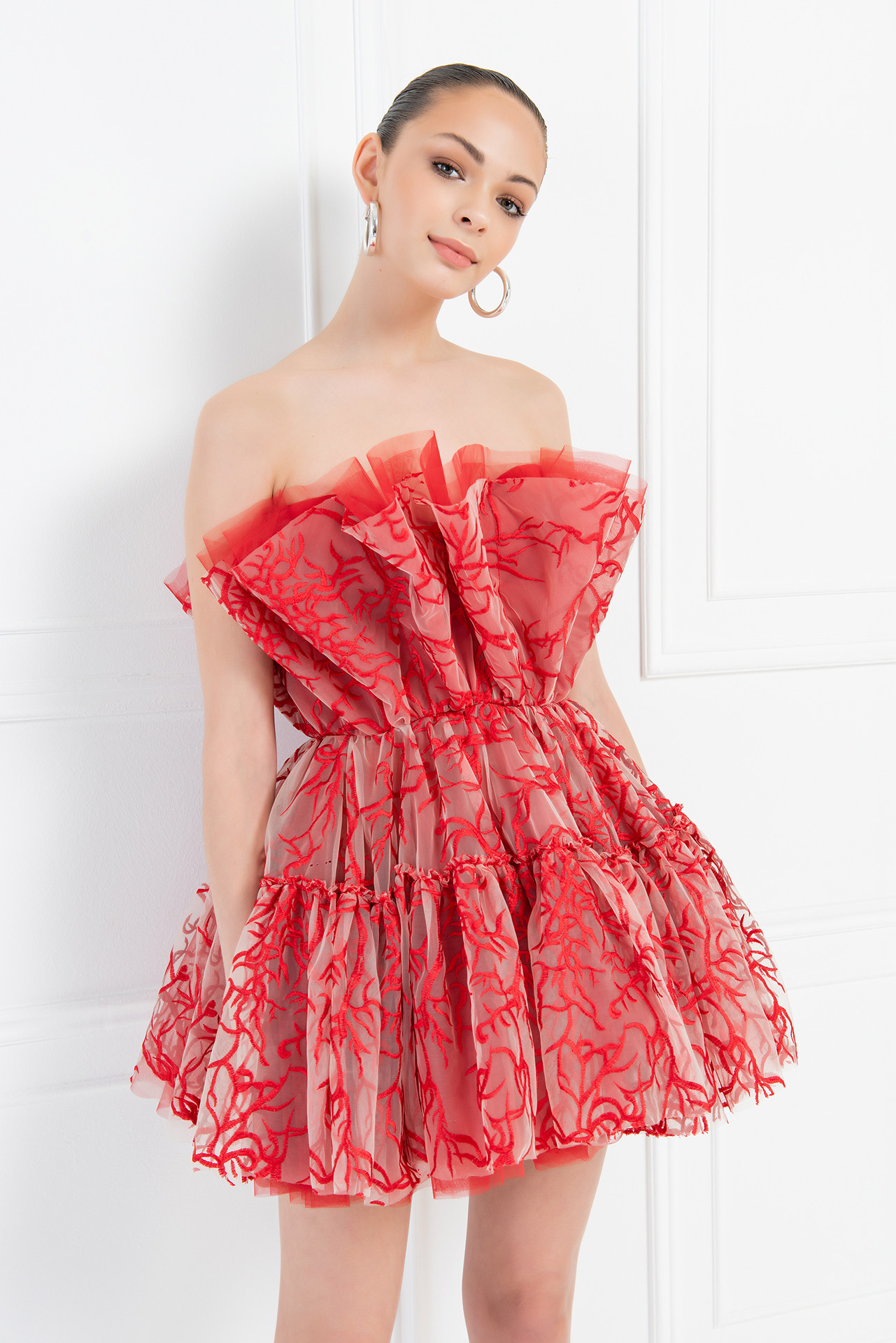 Wholesale Layered Red Mesh Mini Dress