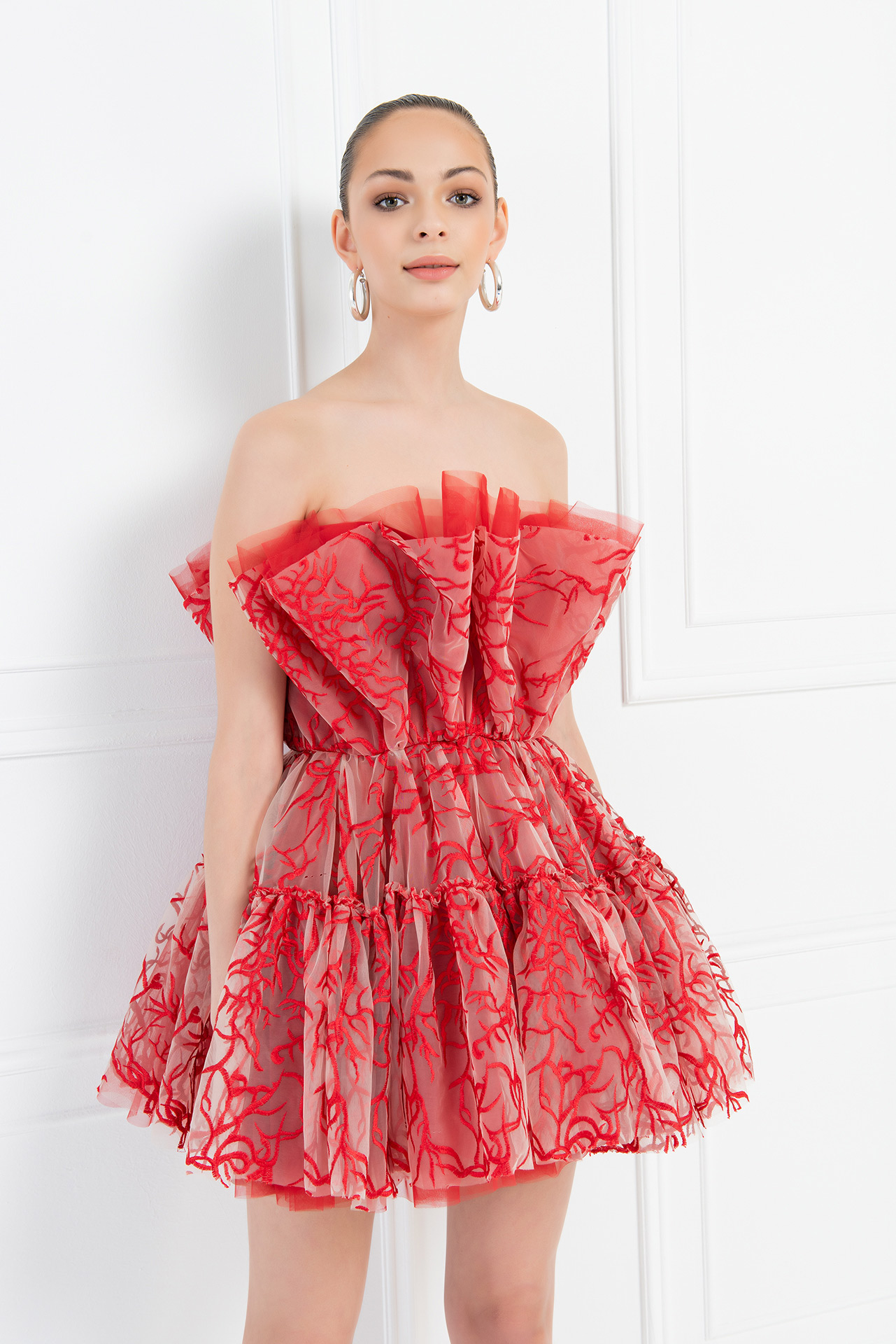 Wholesale Layered Red Mesh Mini Dress
