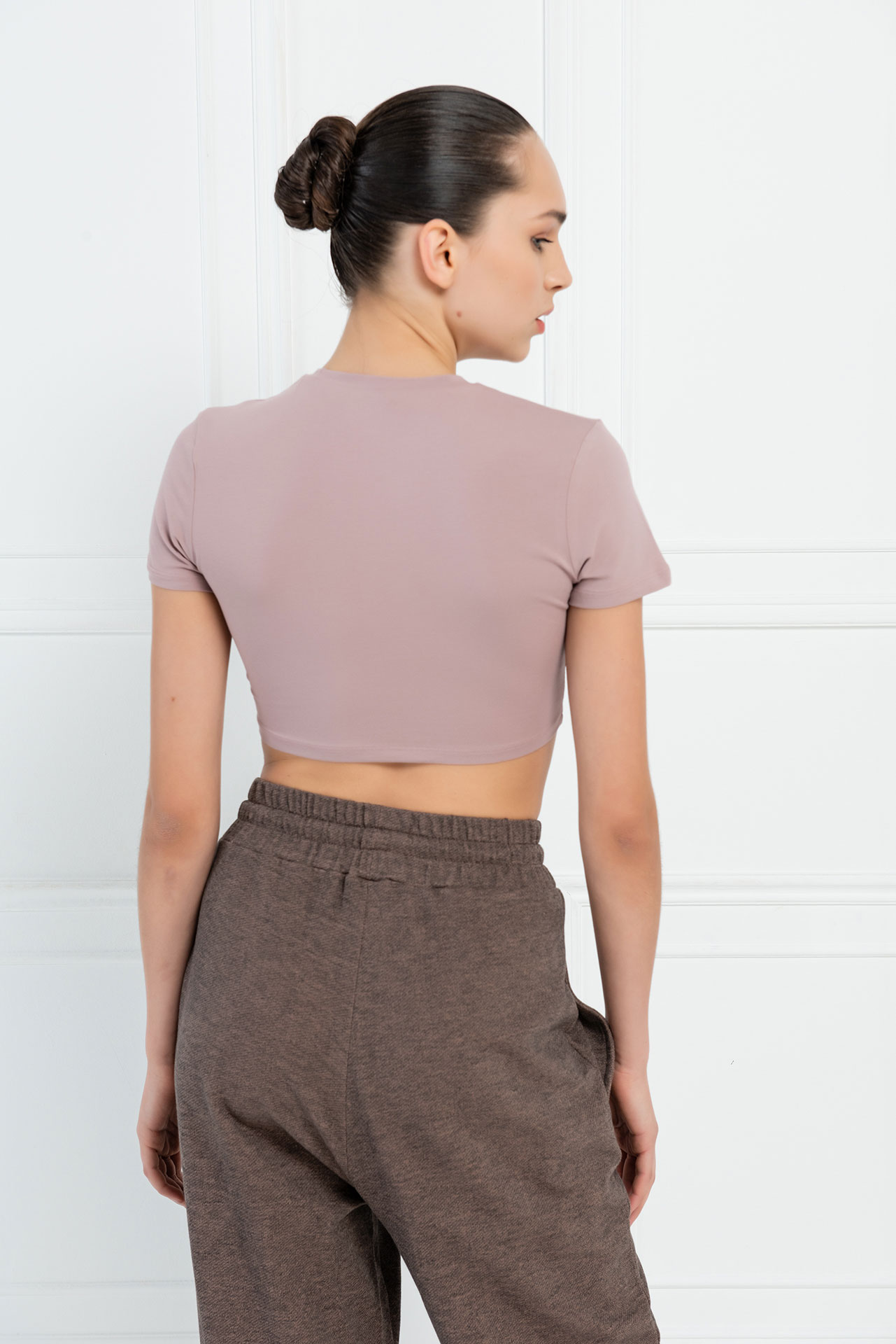 Wholesale Short Sleeve Beige Pink Crop Top