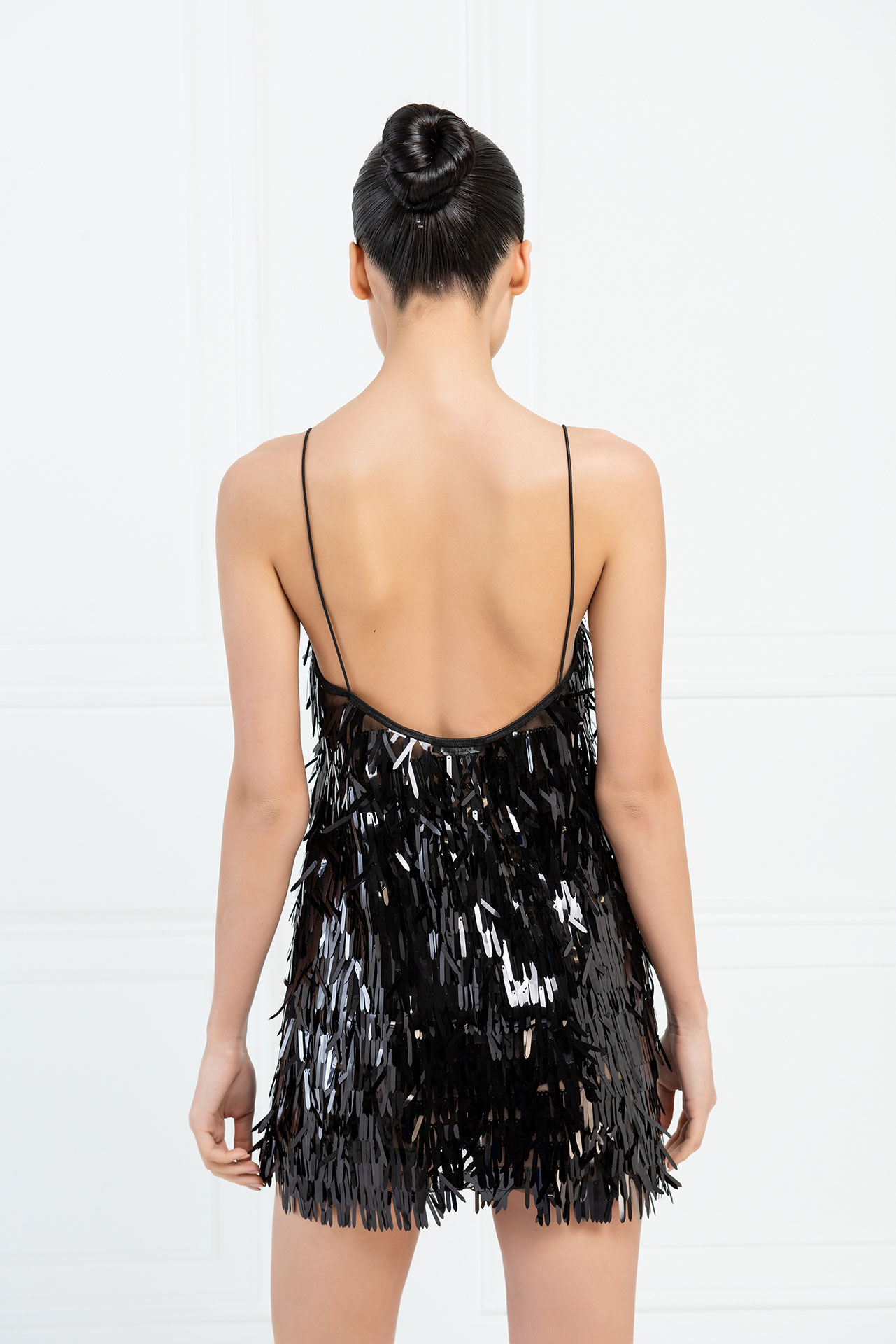 Wholesale Backless Fringe Sequin Cami Black Dress