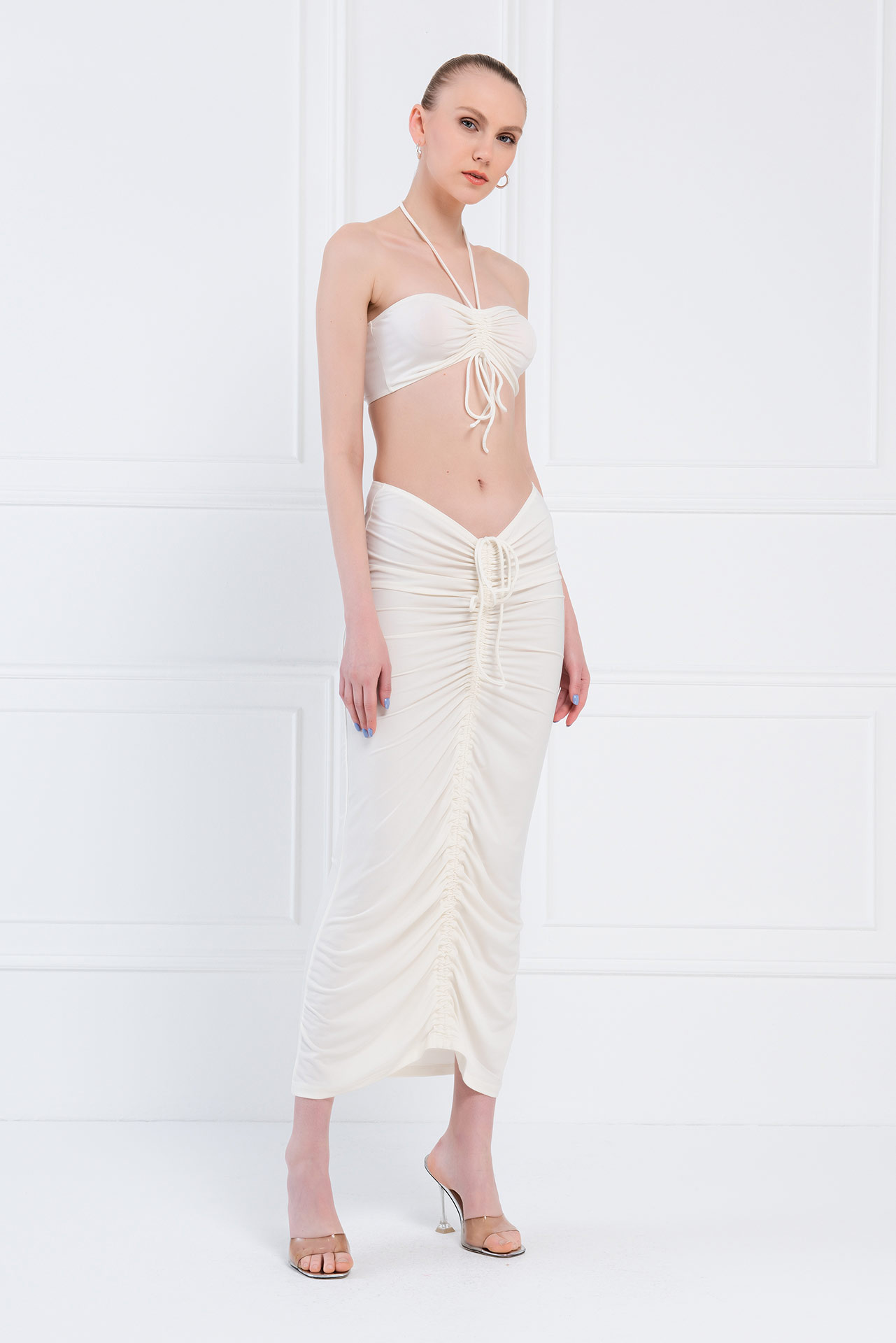Wholesale Offwhite Halter Tube Top & Ruched Maxi Skirt Set