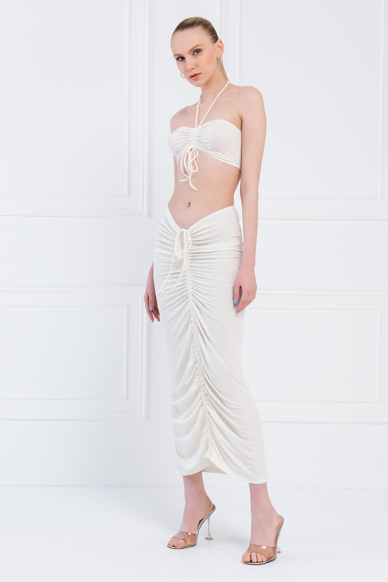 Offwhite Halter Tube Top & Ruched Maxi Skirt Set
