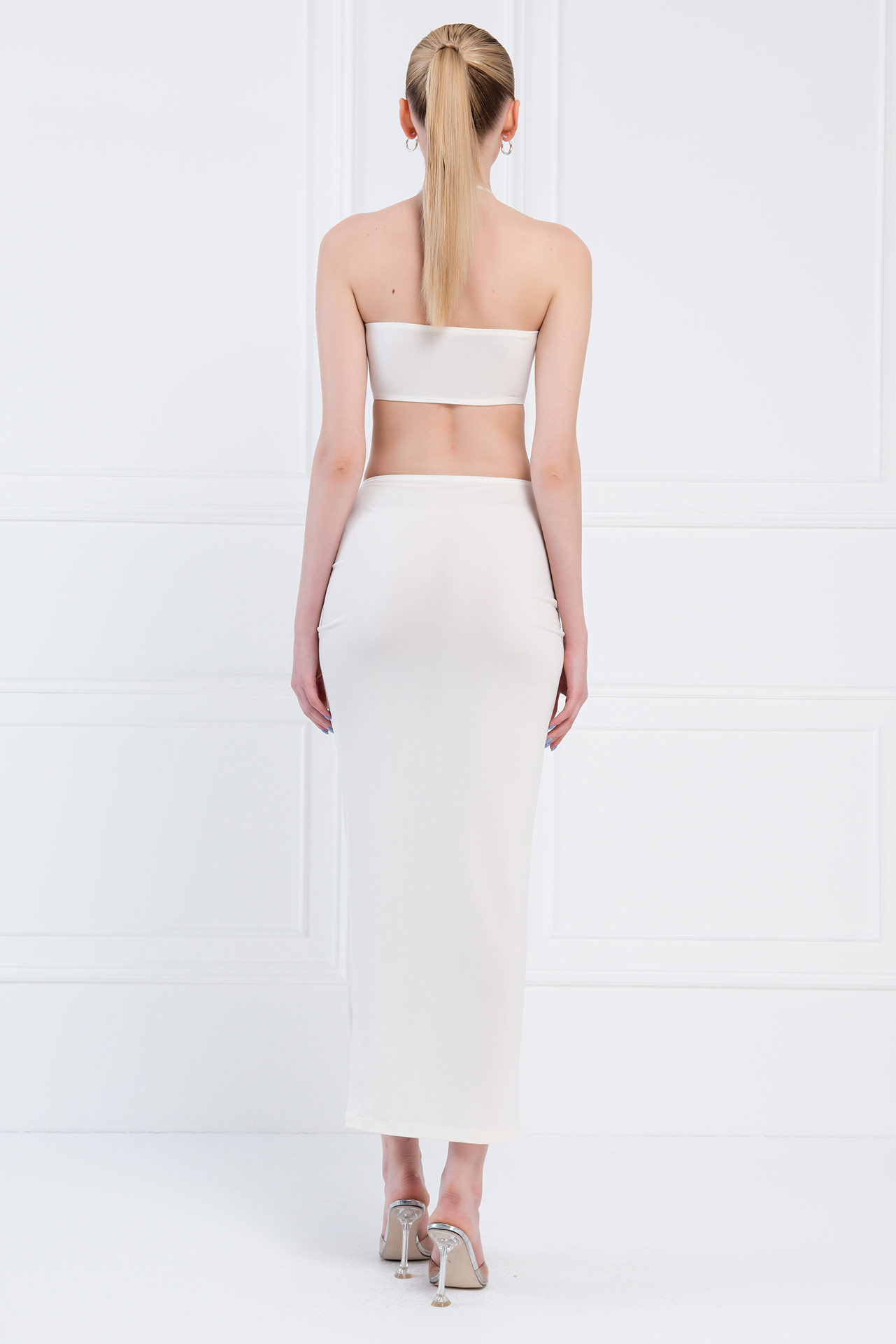 Wholesale Offwhite Halter Tube Top & Ruched Maxi Skirt Set