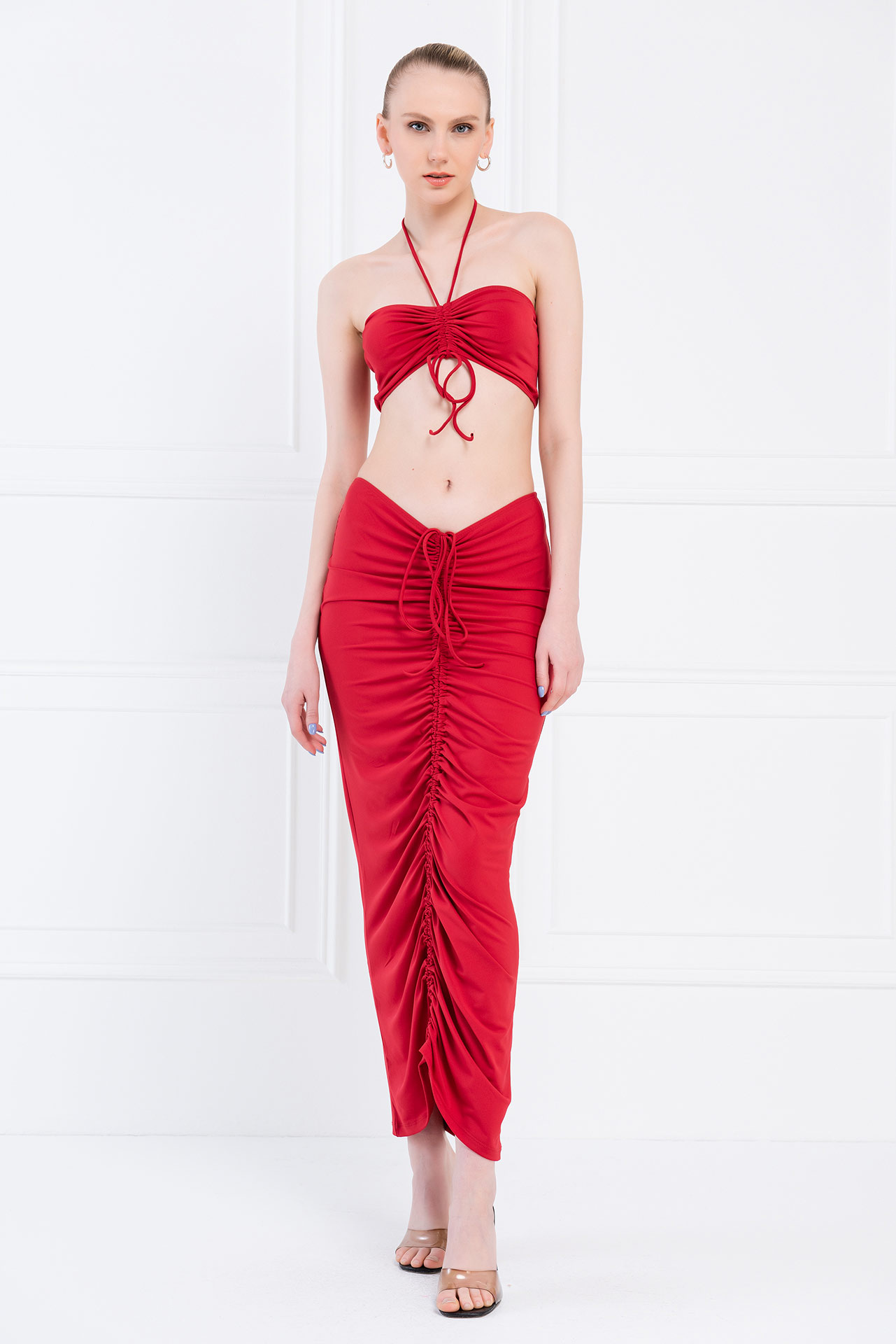 Dark Red Halter Tube Top & Ruched Maxi Skirt Set
