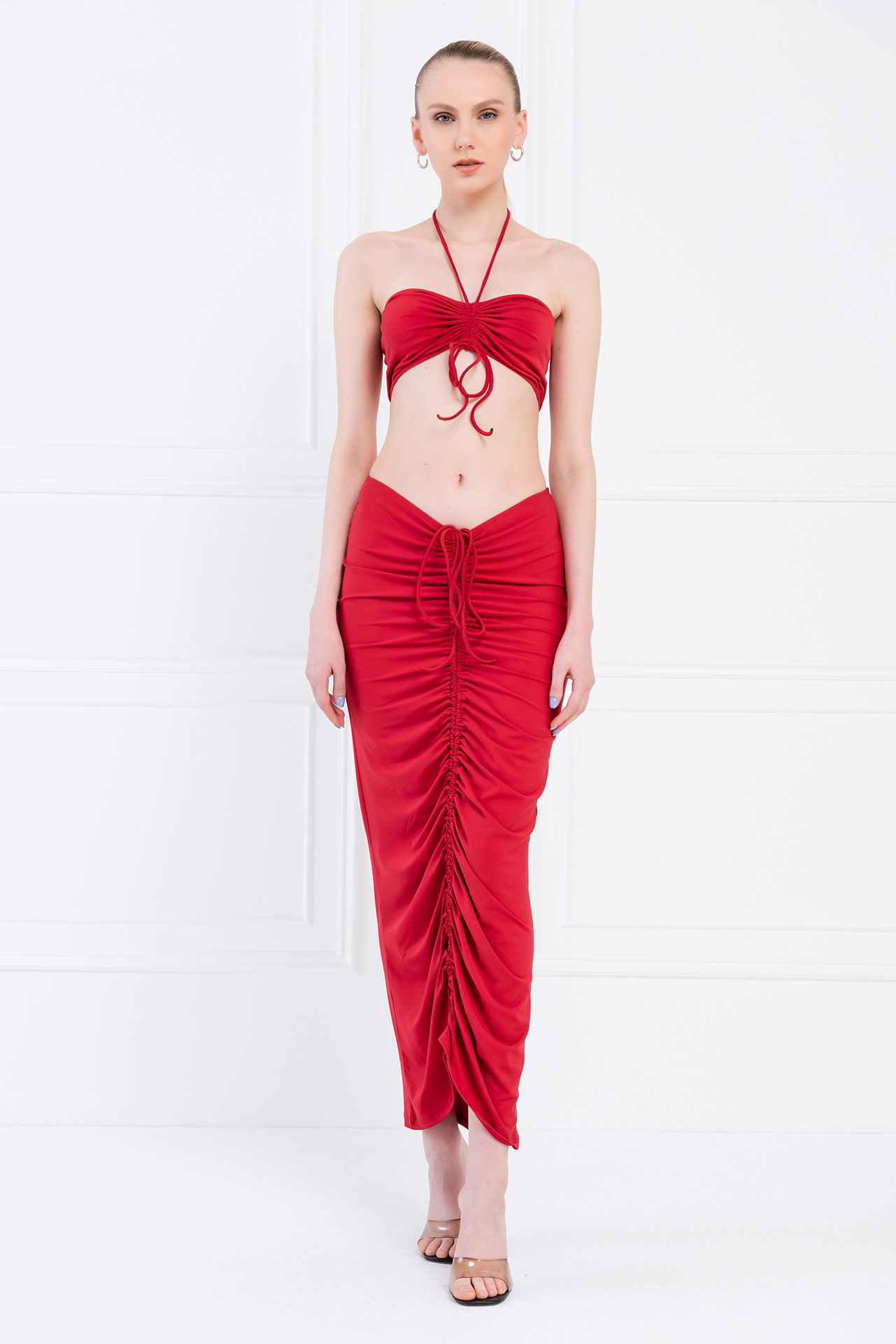 Wholesale Dark Red Halter Tube Top & Ruched Maxi Skirt Set
