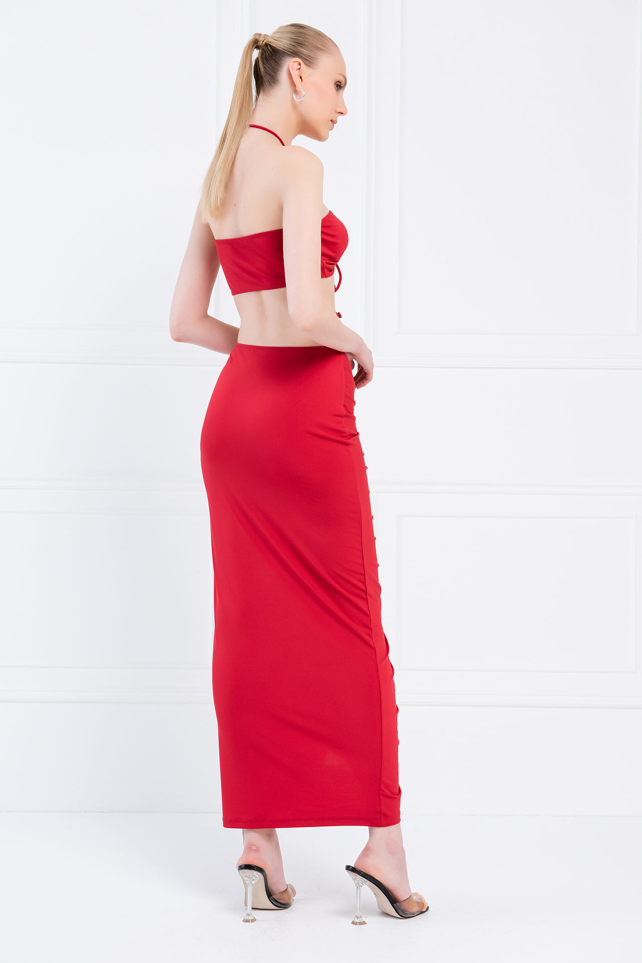 Wholesale Dark Red Halter Tube Top & Ruched Maxi Skirt Set