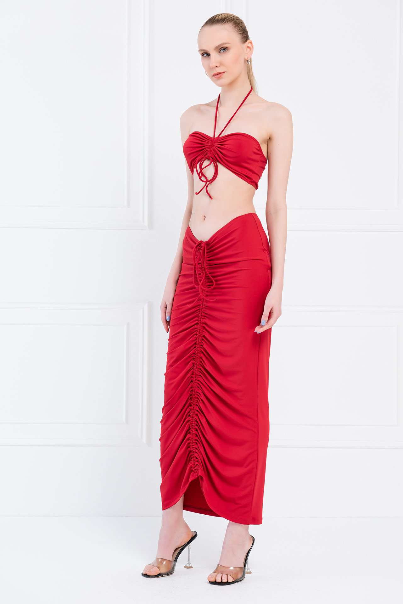 Dark Red Halter Tube Top & Ruched Maxi Skirt Set
