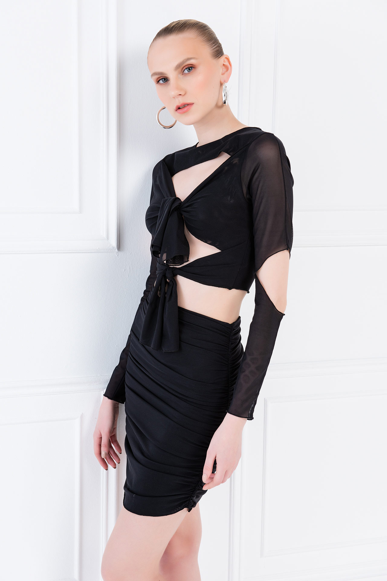 Wholesale Self-Tie Black Mesh Top & Skirt Set