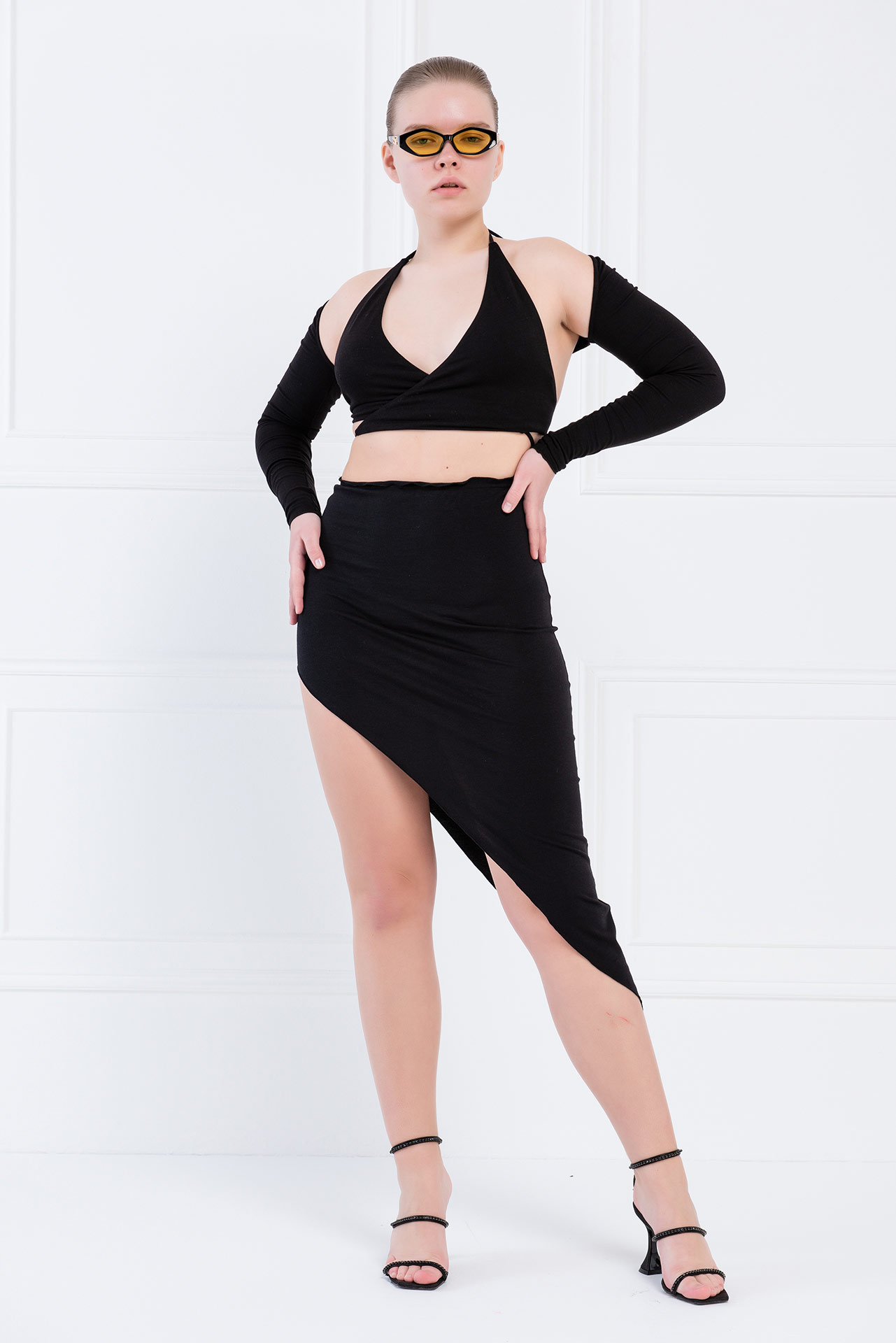 Black Self-Tie Cropped Top & Bolero & Skirt Set