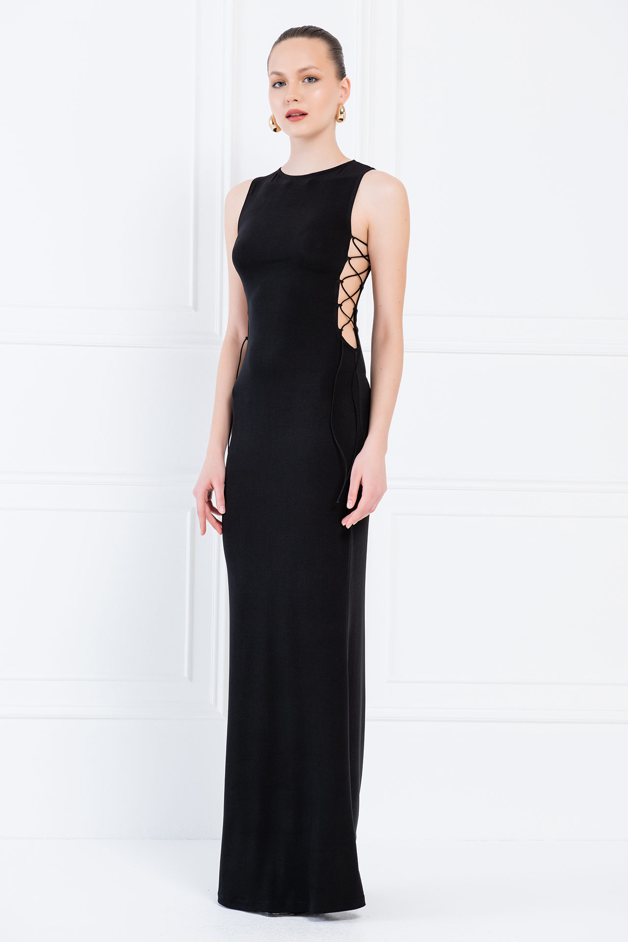 Wholesale Black Lace Up Side Maxi Dress