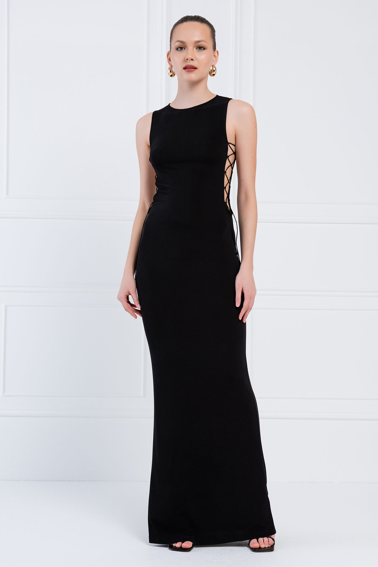 Wholesale Black Lace Up Side Maxi Dress