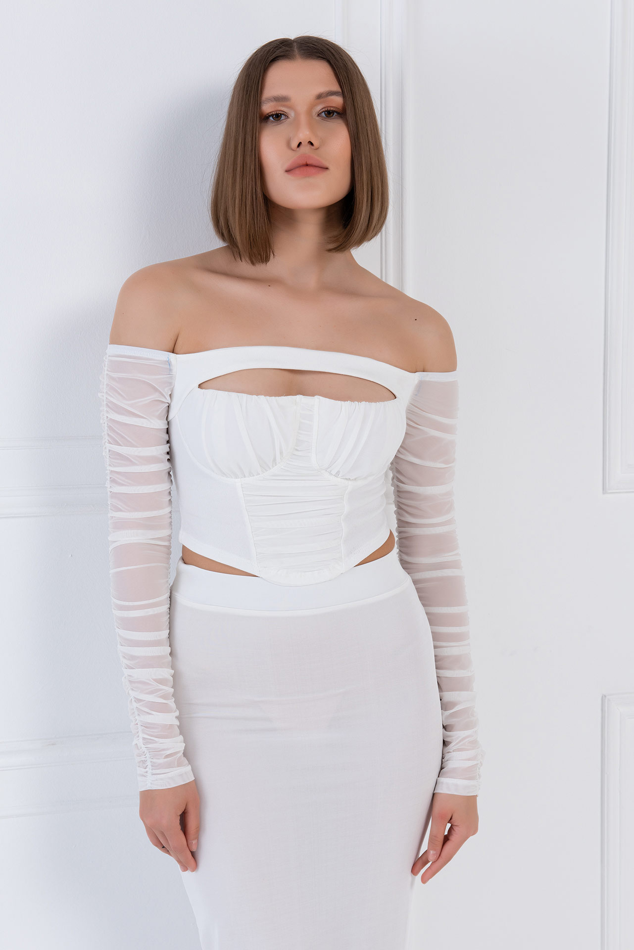 Wholesale Offwhite Shirred Tube Mesh Top